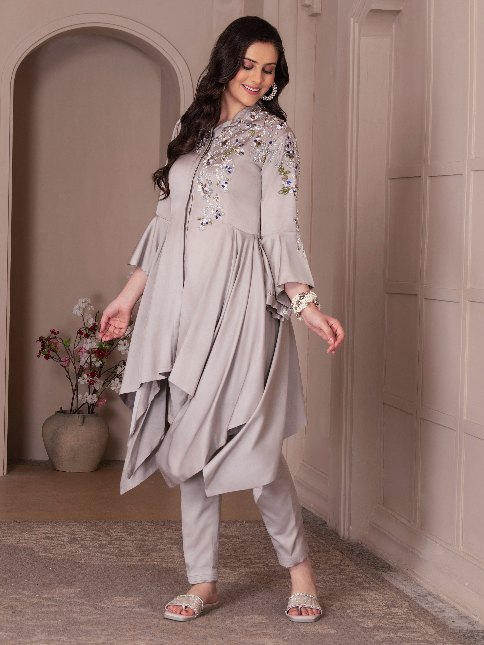 Ash Grey Modal Satin Co-ord Set