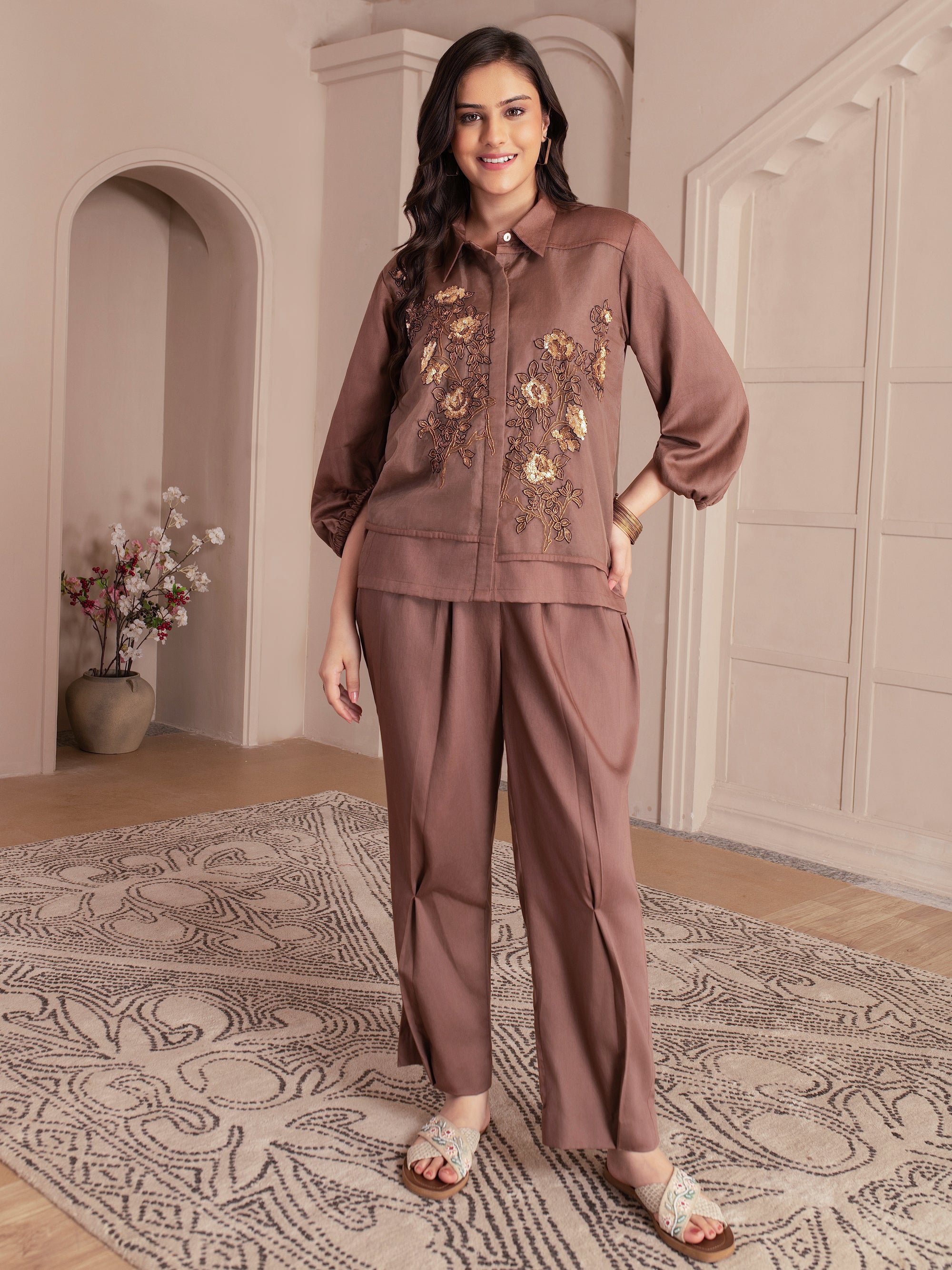 Chocolate Brown Cotton Twill Sequin Embroidered Set