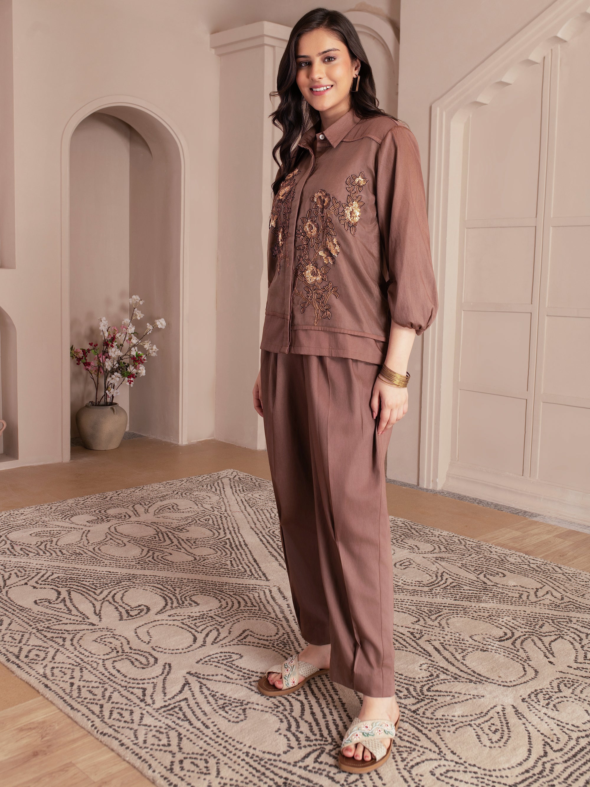 Chocolate Brown Cotton Twill Sequin Embroidered Set