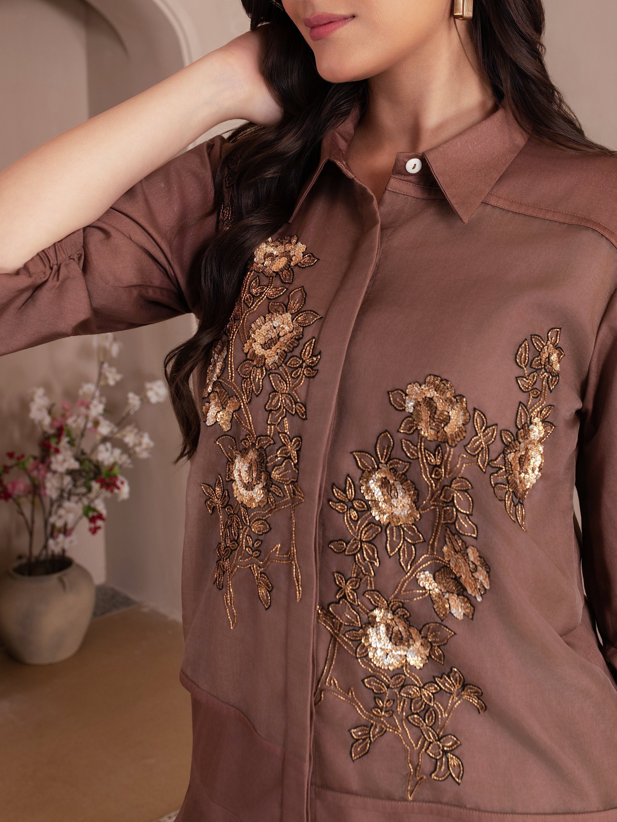 Chocolate Brown Cotton Twill Sequin Embroidered Set