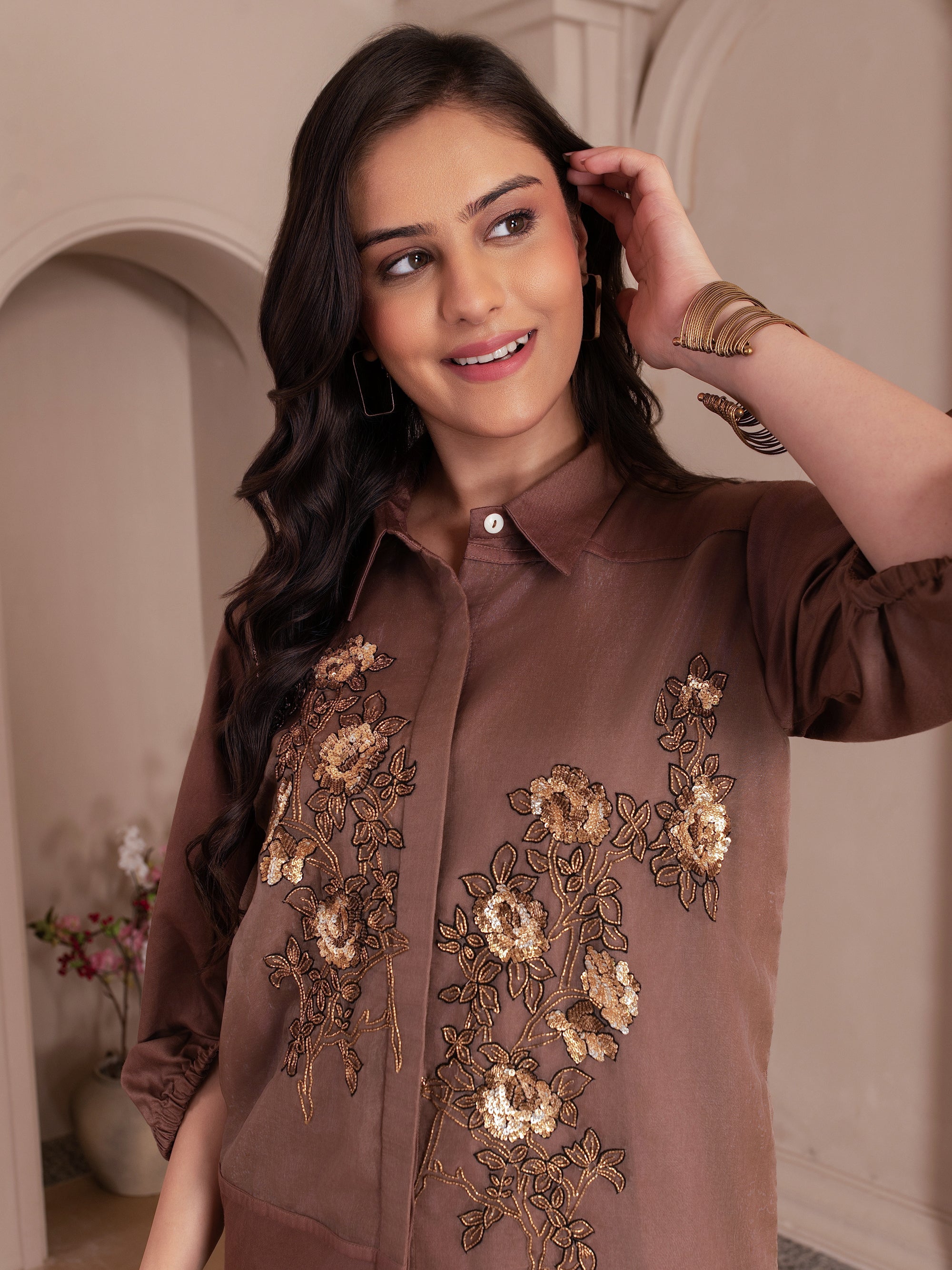 Chocolate Brown Cotton Twill Sequin Embroidered Set