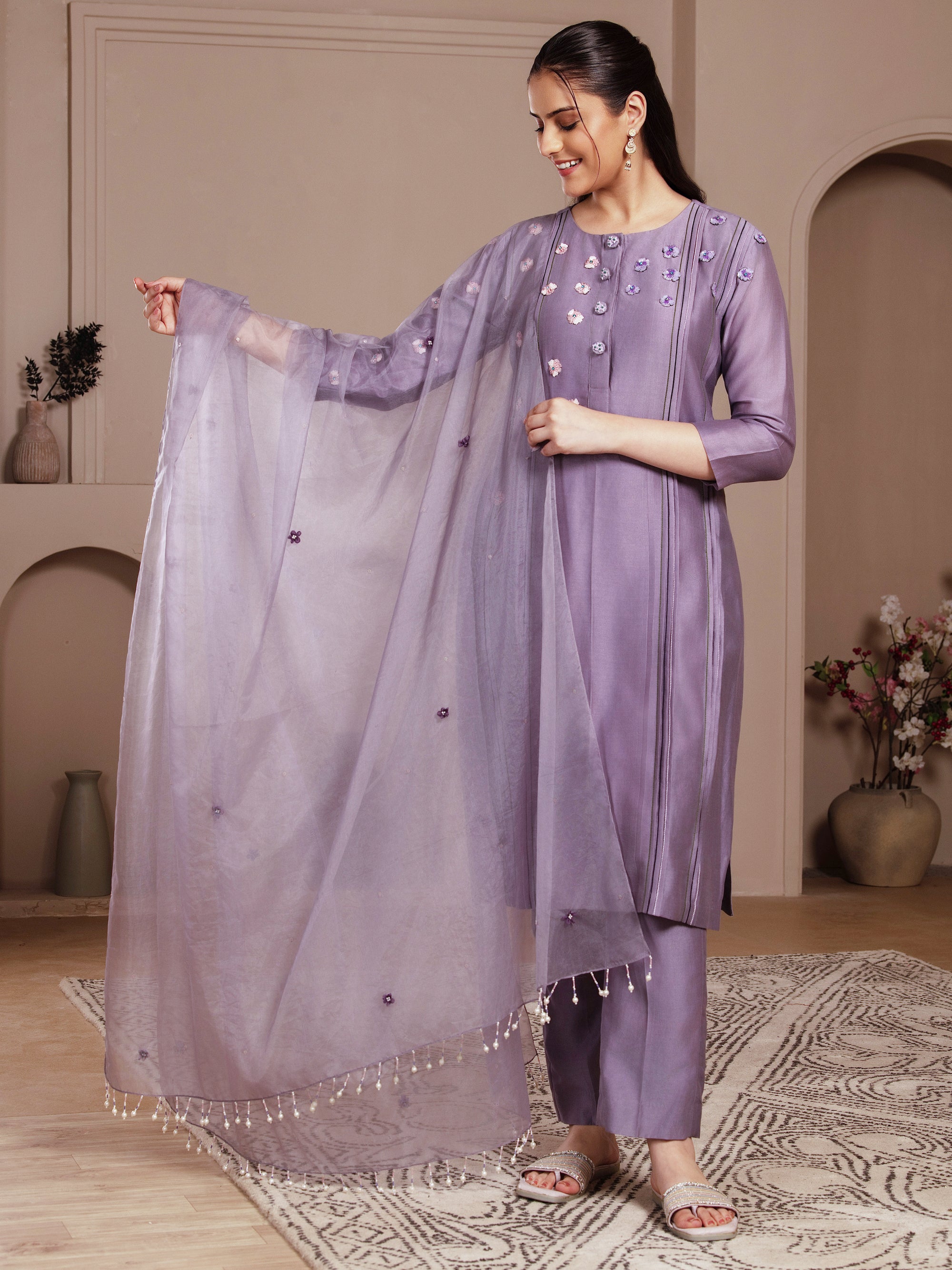 Lavender Chanderi Silk Kurta Set