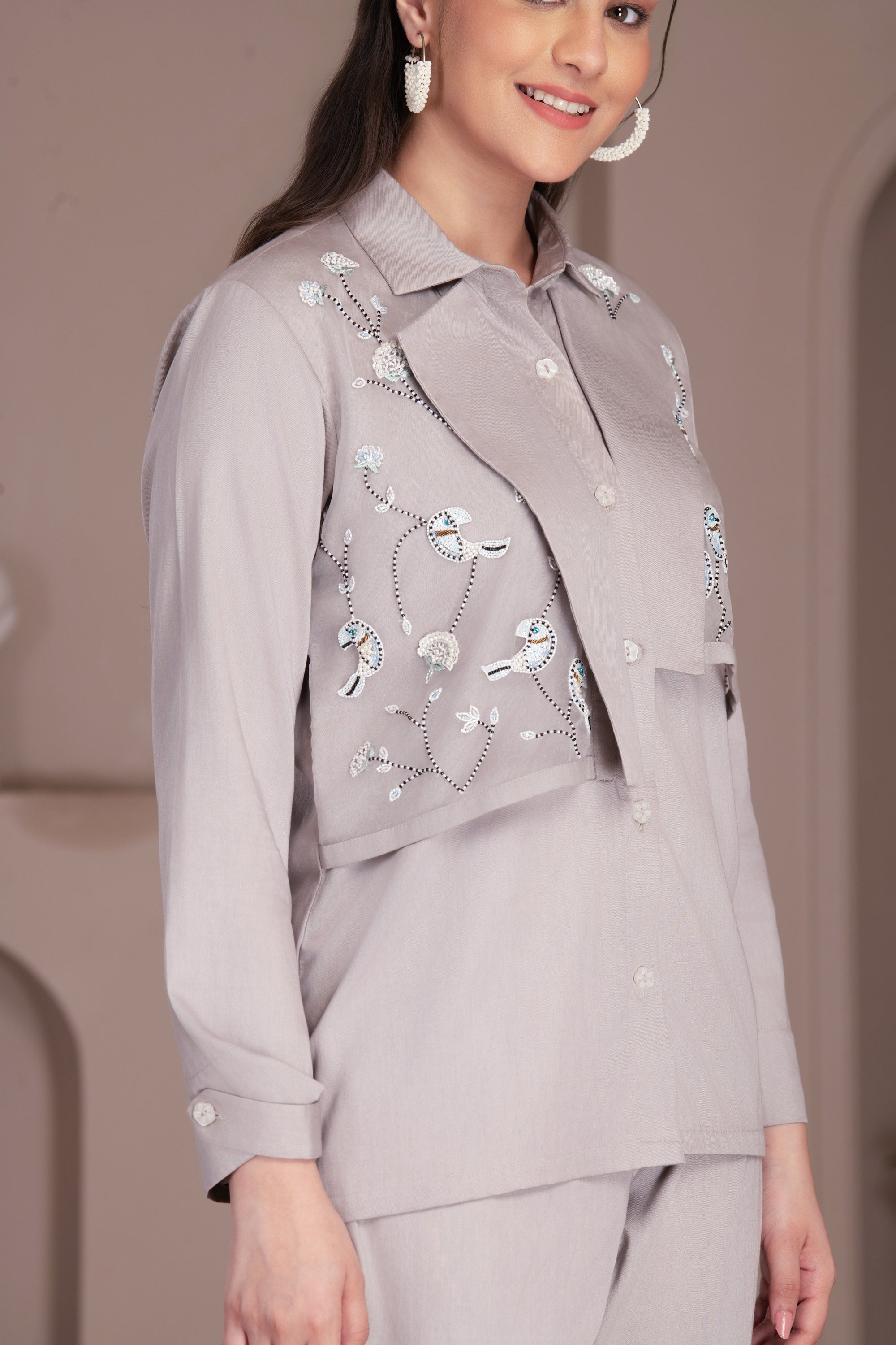 Ash Grey Chanderi Silk Co-Ord Set With Bird Motif