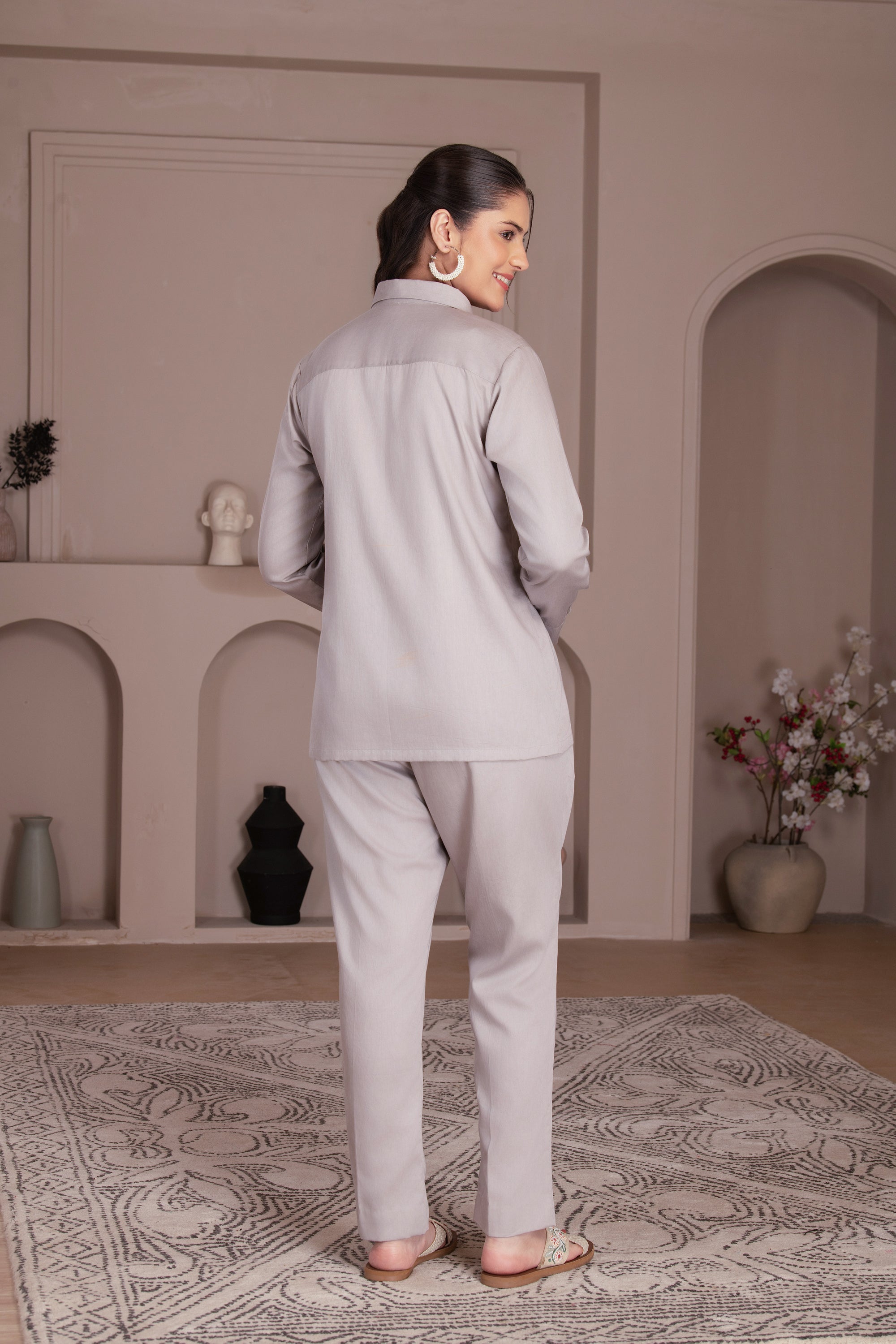 Ash Grey Chanderi Silk Co-Ord Set With Bird Motif