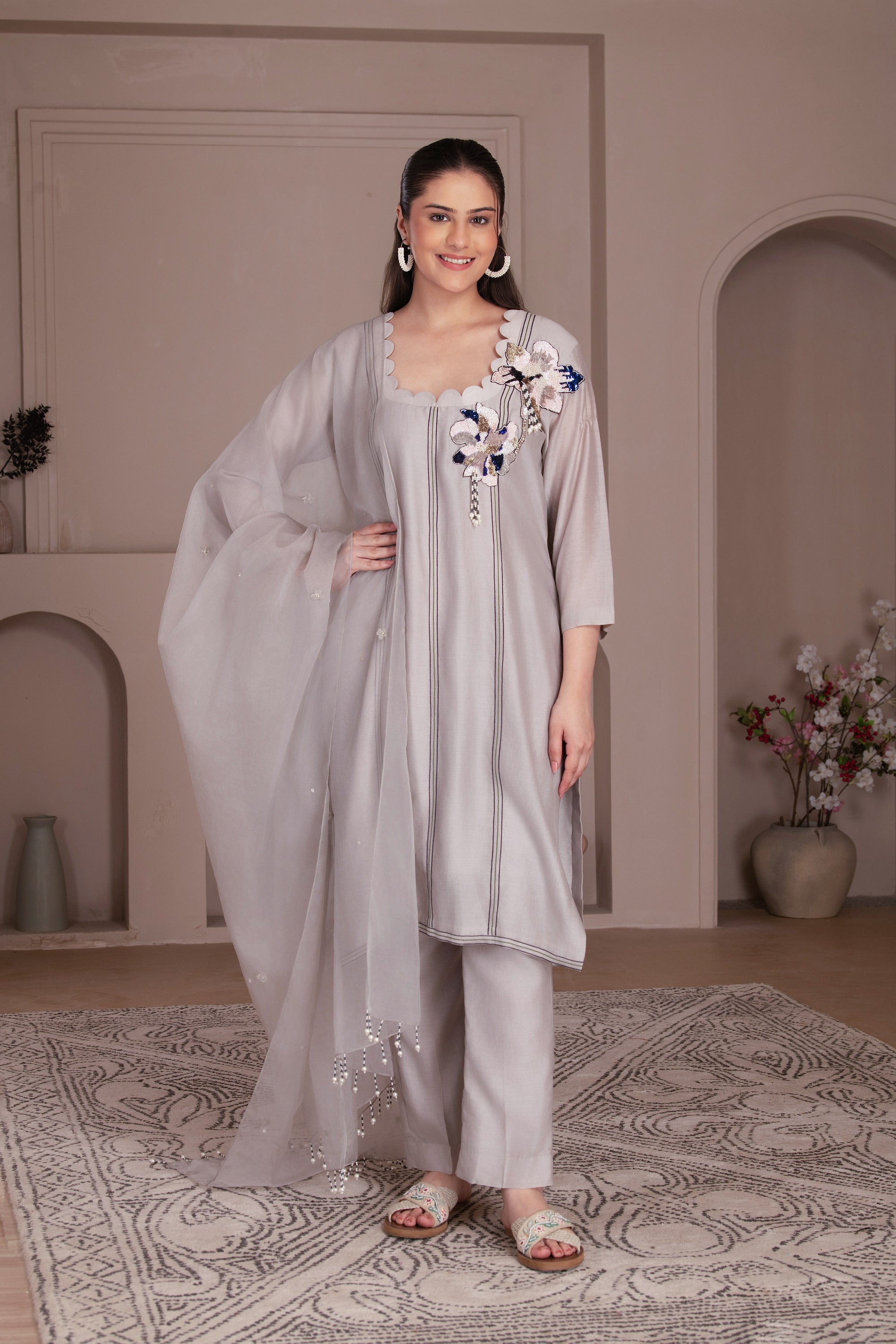 ash grey chanderi silk kurta set