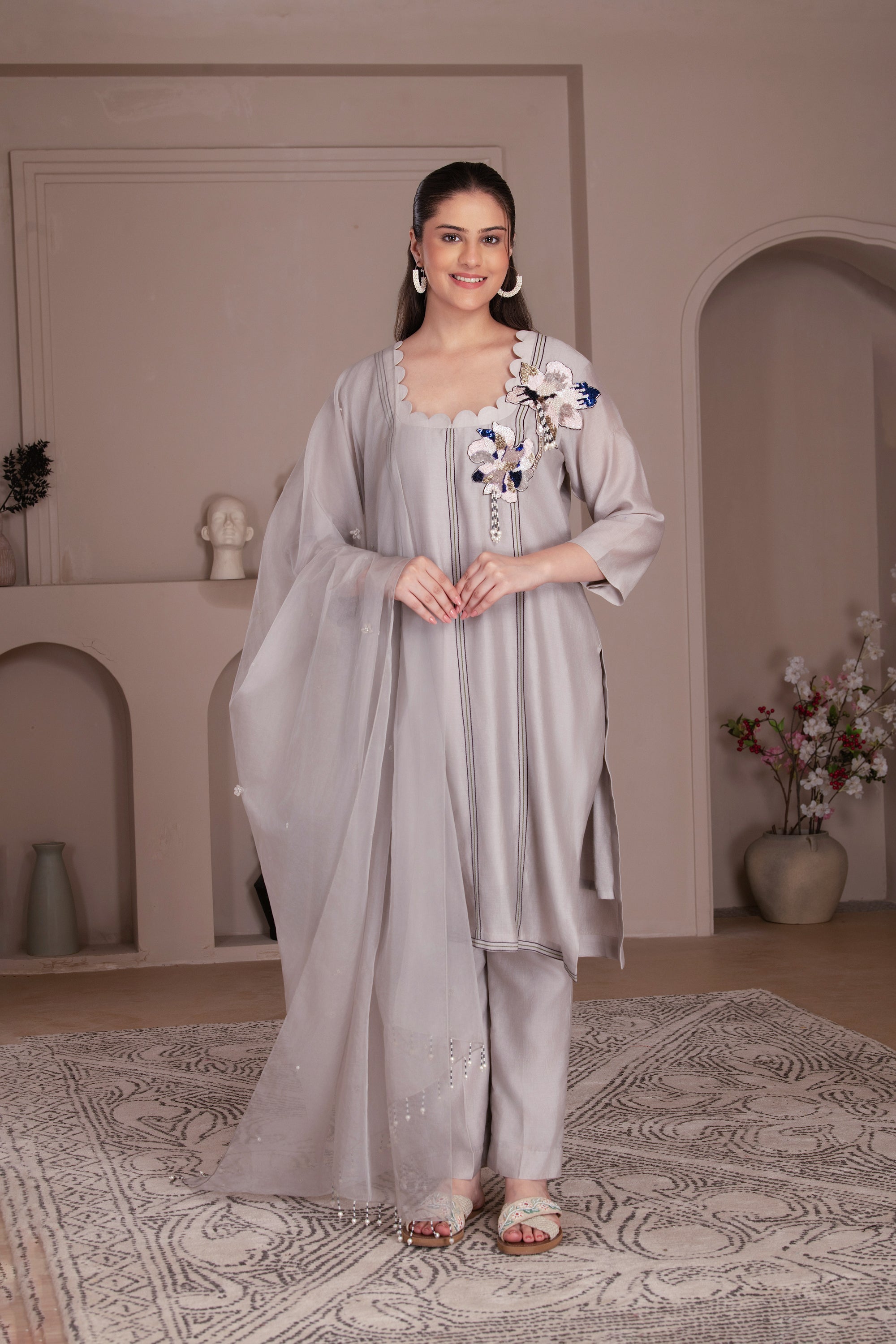 ash grey chanderi silk kurta set