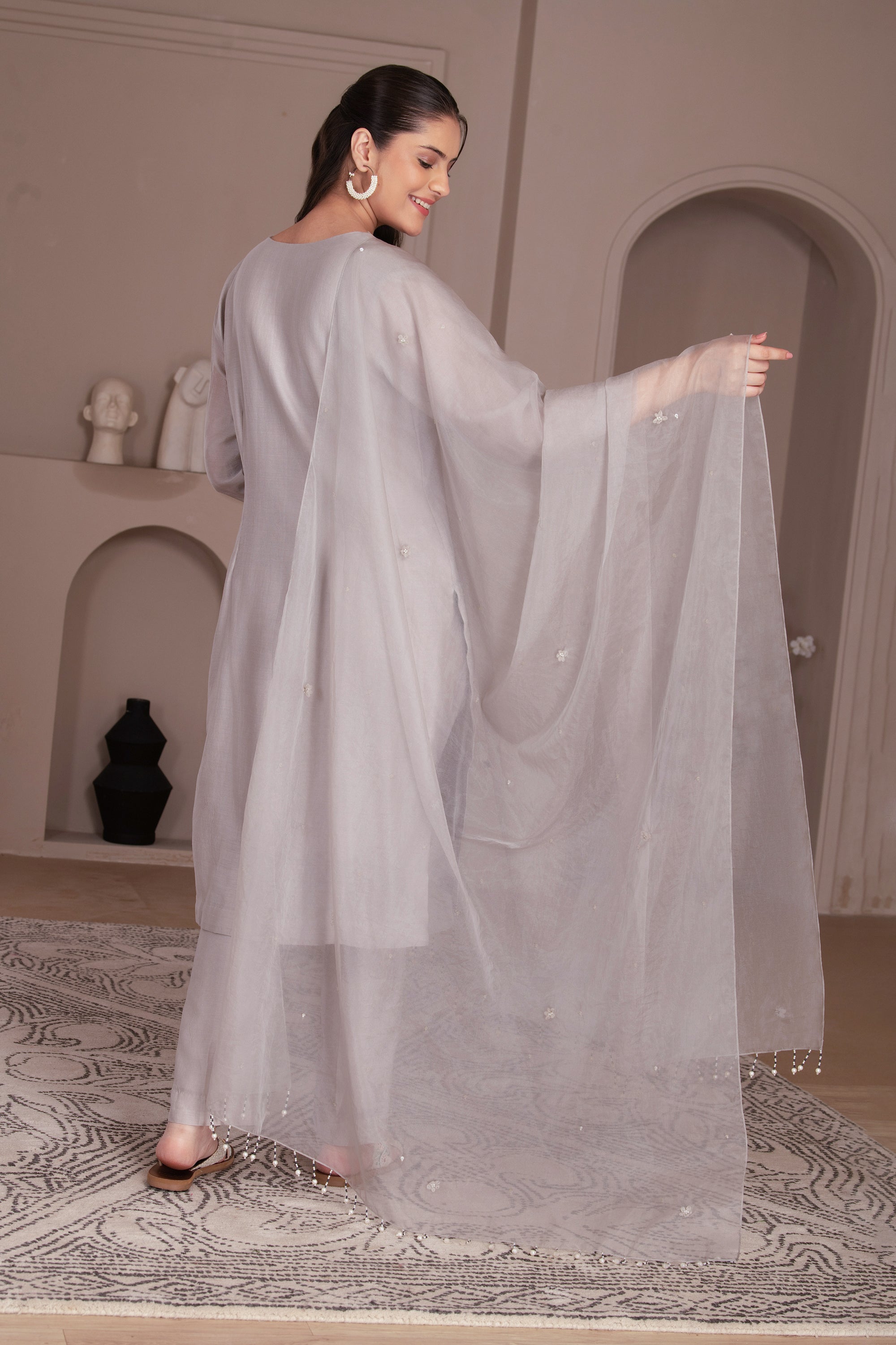 ash grey chanderi silk kurta set