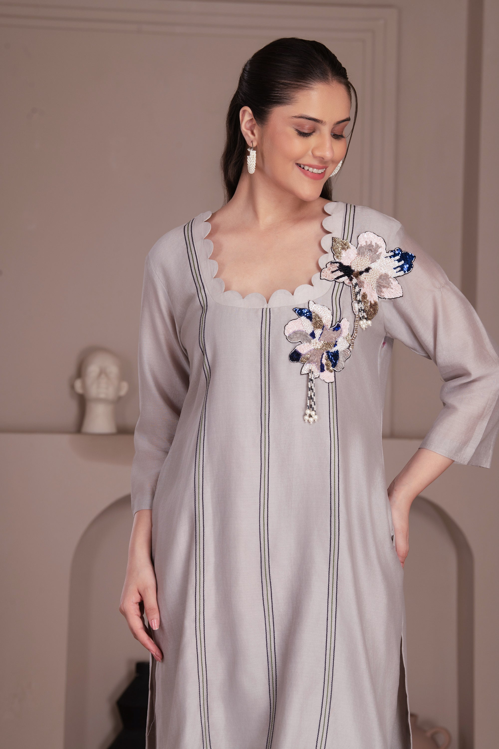 ash grey chanderi silk kurta set
