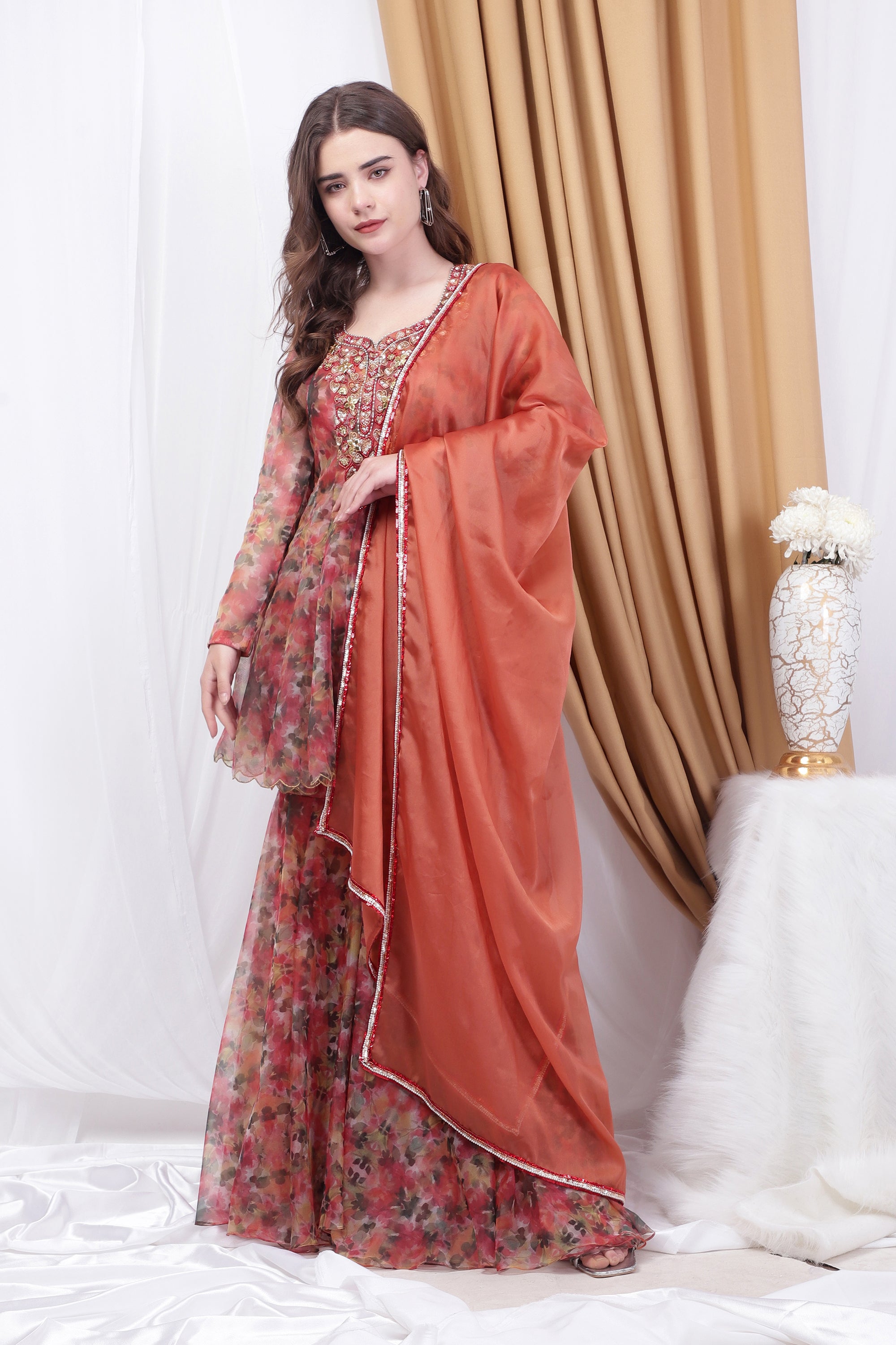 Rust Orange Printed Sharara Set With Dupatta