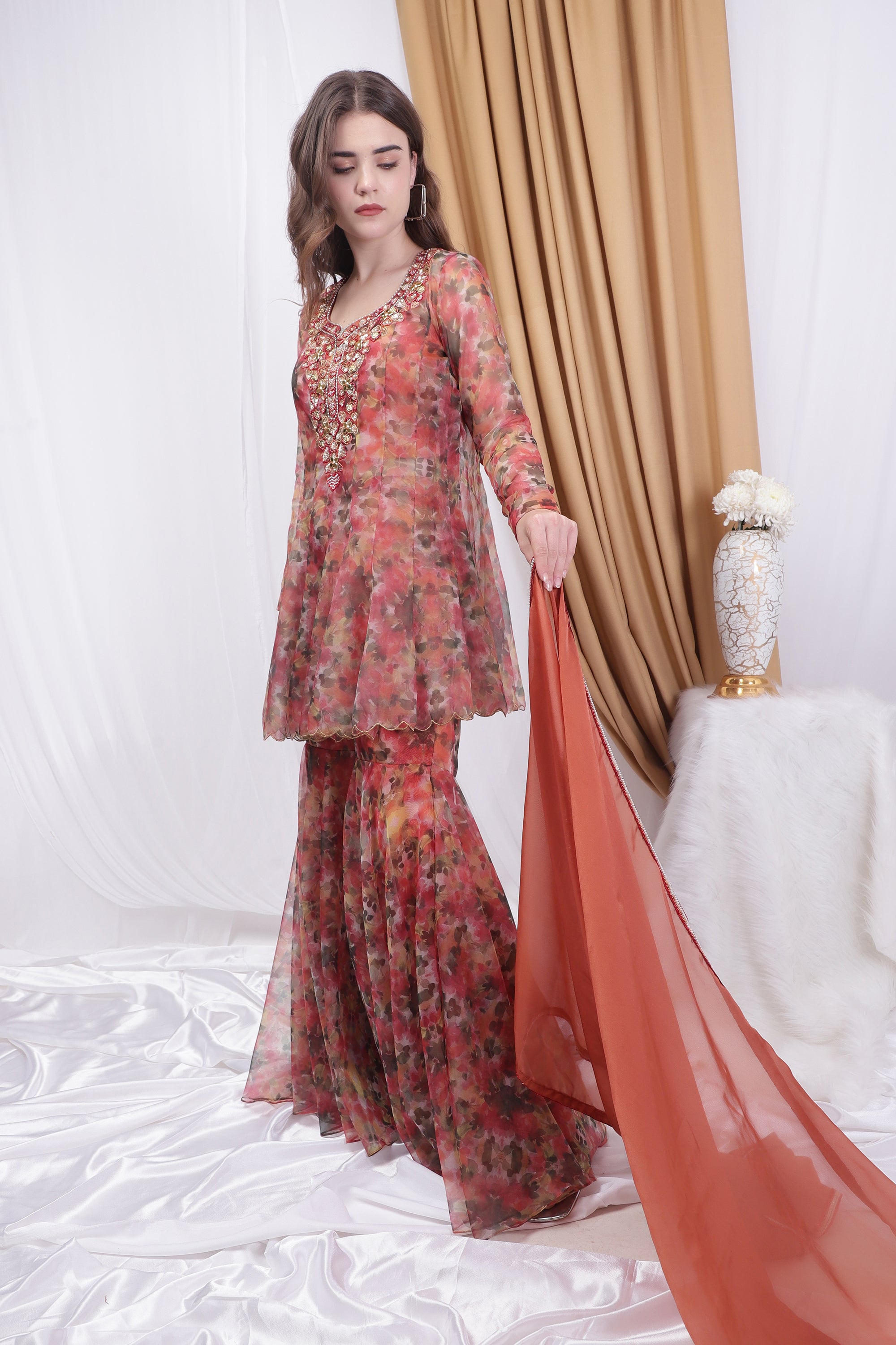 Rust Orange Printed Sharara Set With Dupatta