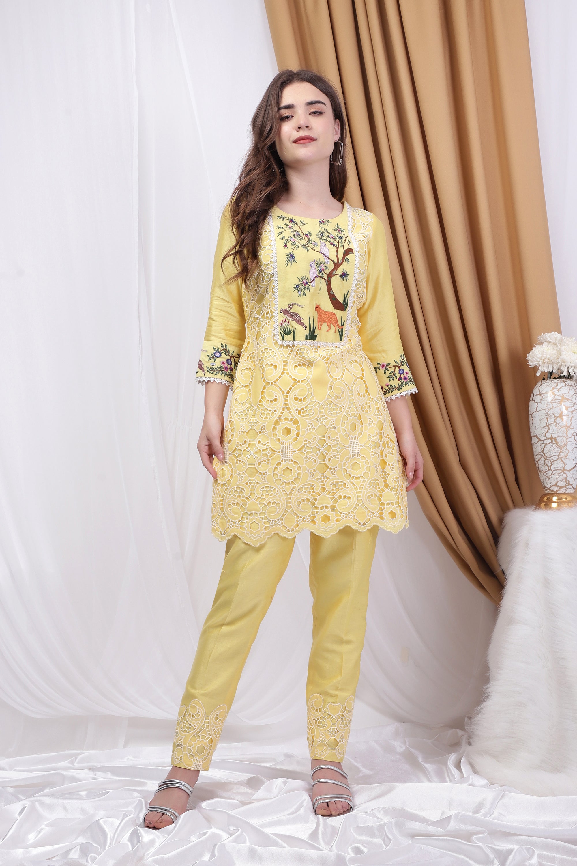 Lemon Yellow Embroidered and Patchwork Co-ord Set