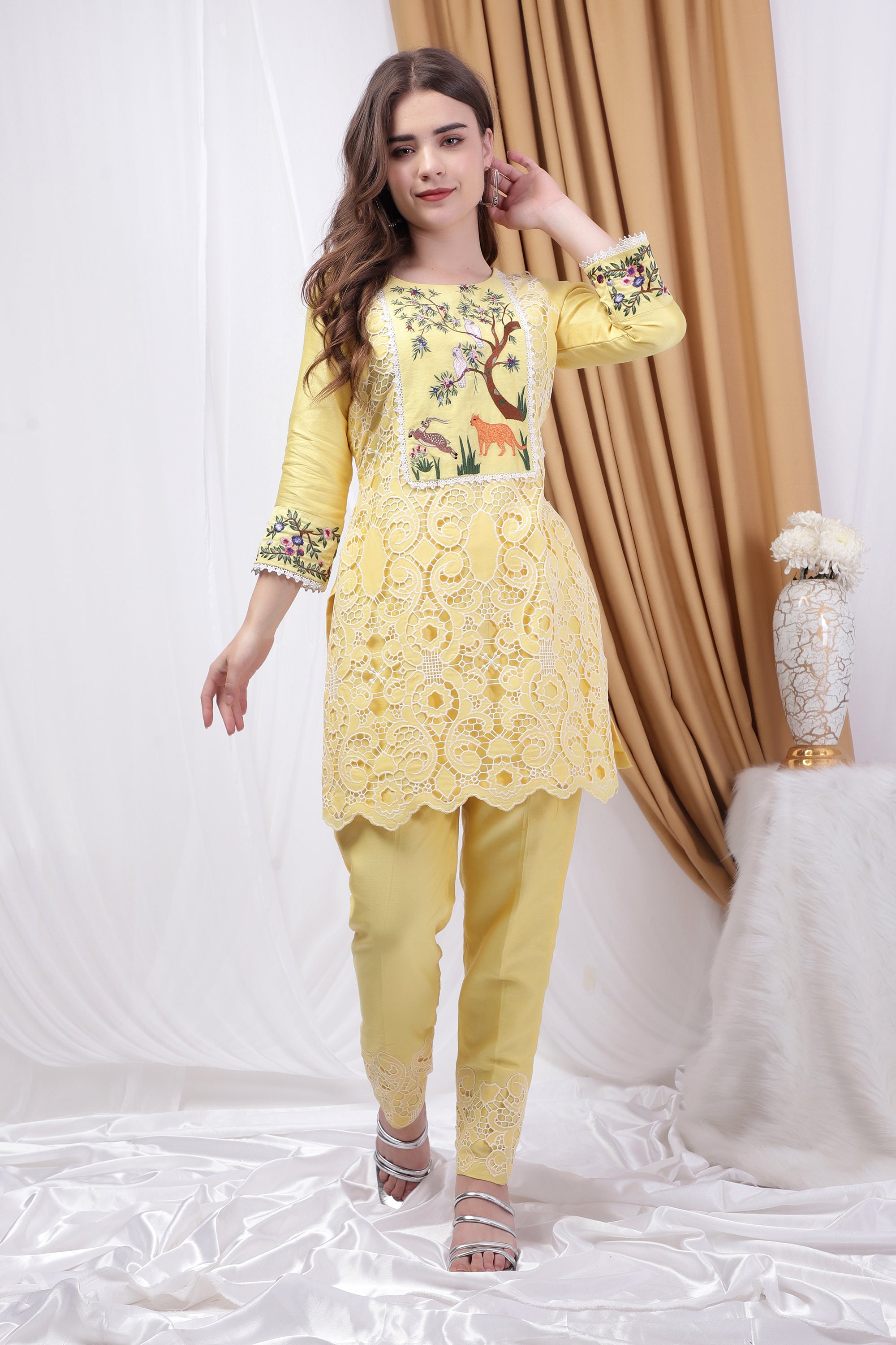 Lemon Yellow Embroidered and Patchwork Co-ord Set