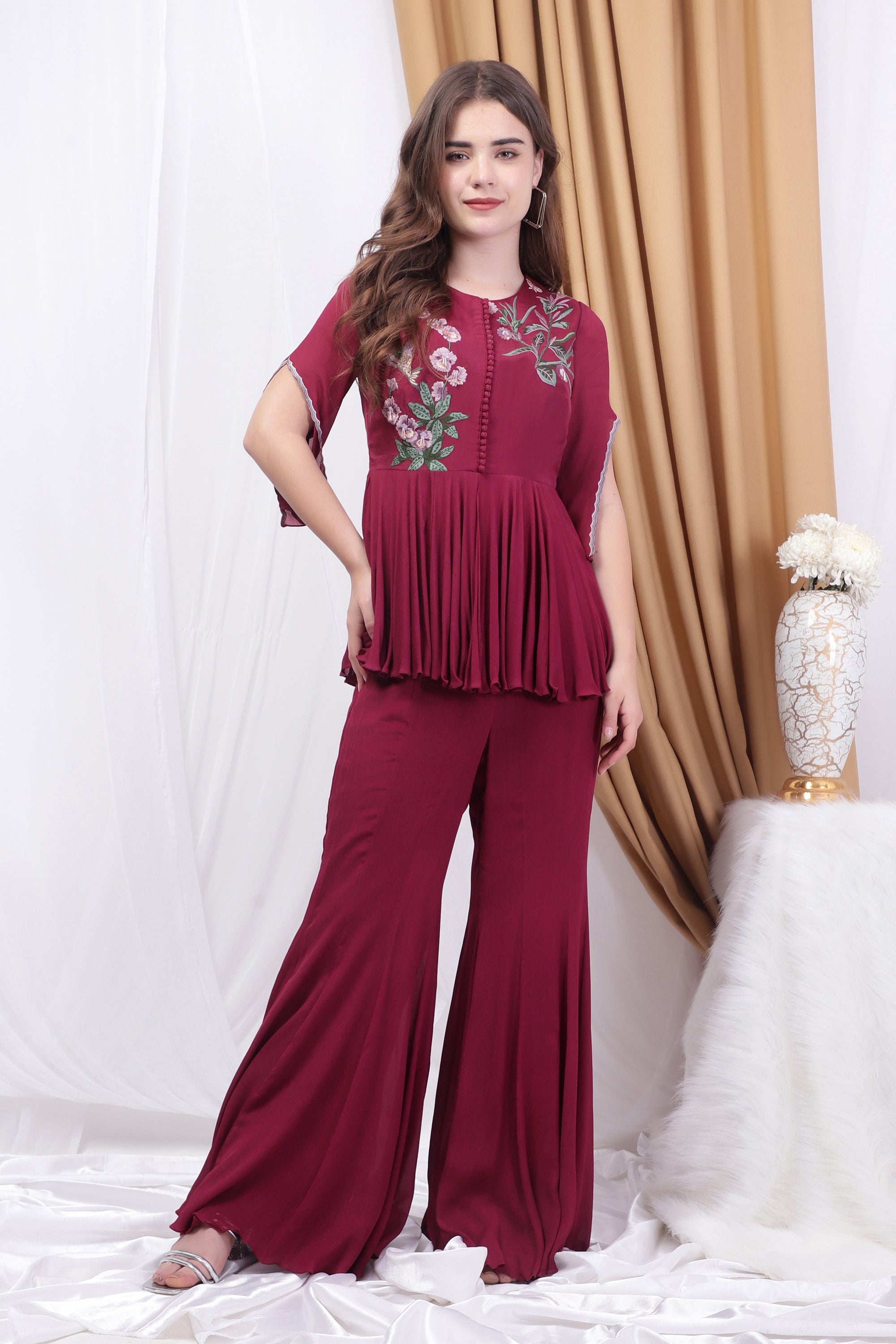 Wine Embroidered Co-ord Set