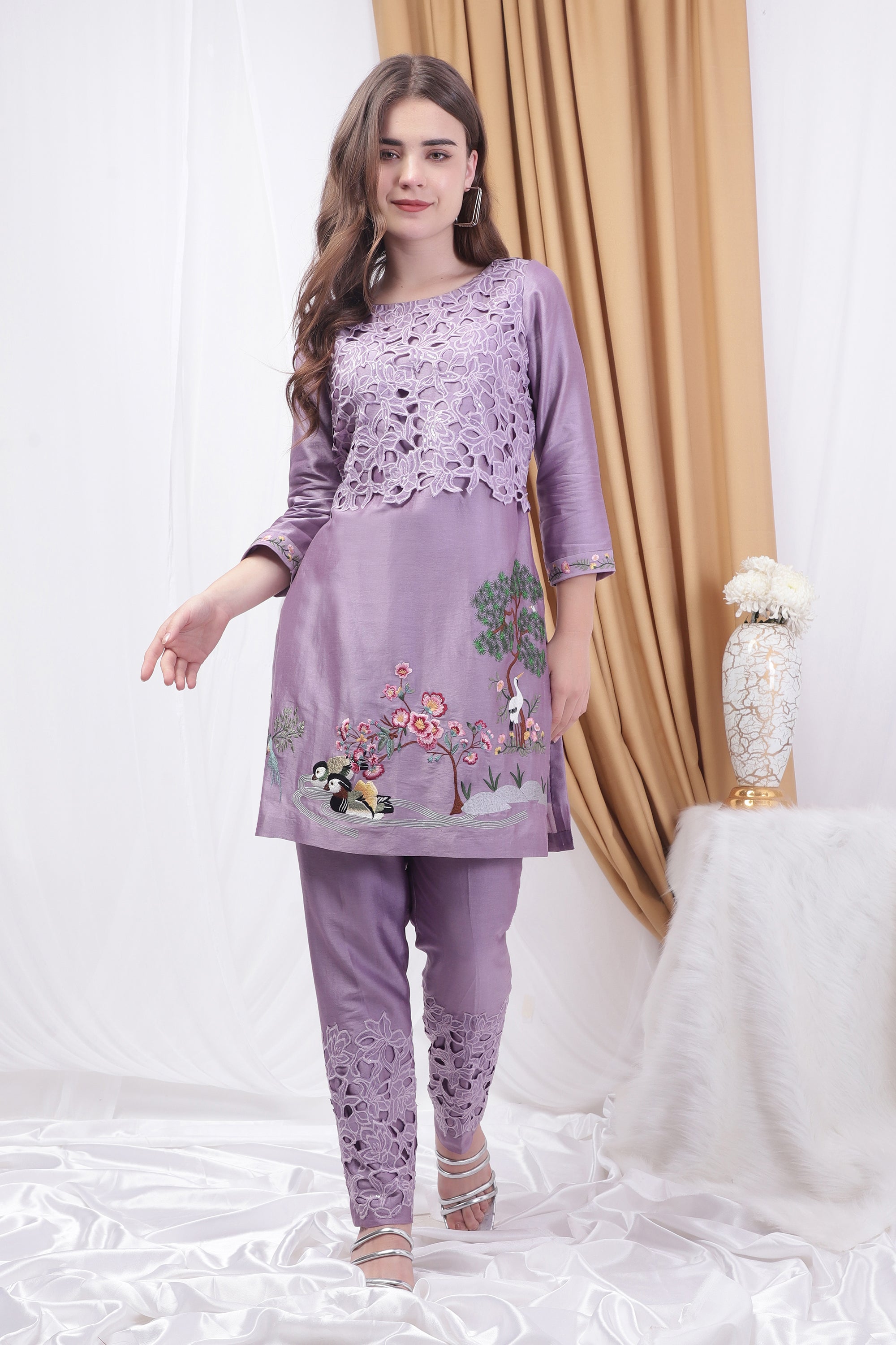 Lavender Embroidered and patchwork Co-ord Set