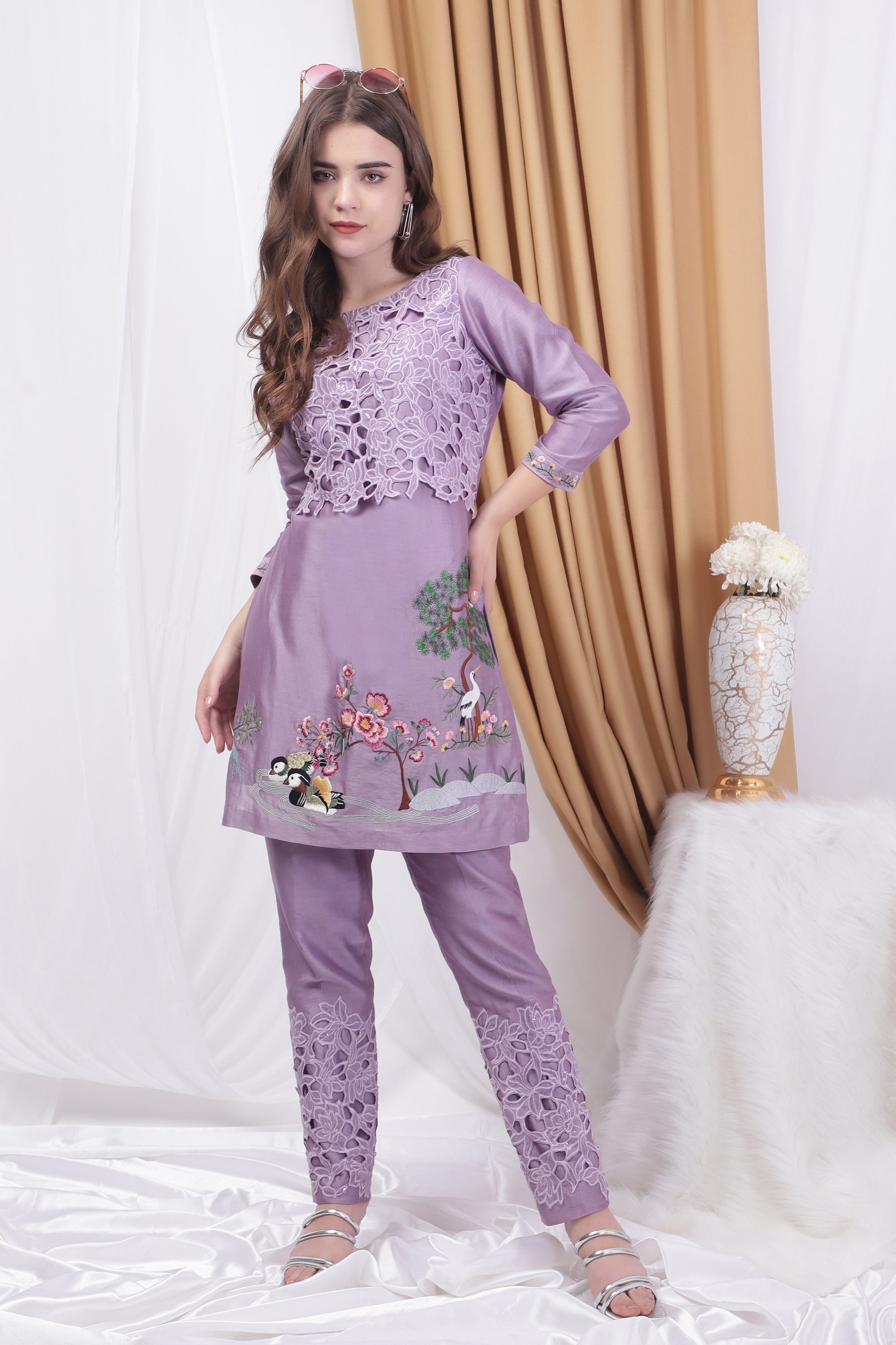 Lavender Embroidered and patchwork Co-ord Set