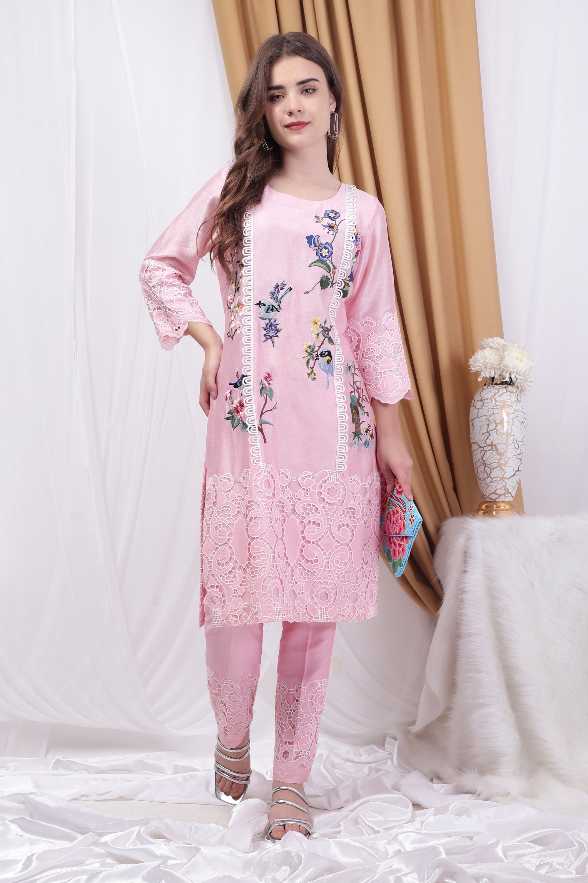 Powder Pink Embroidered and patchwork Co-ord Set