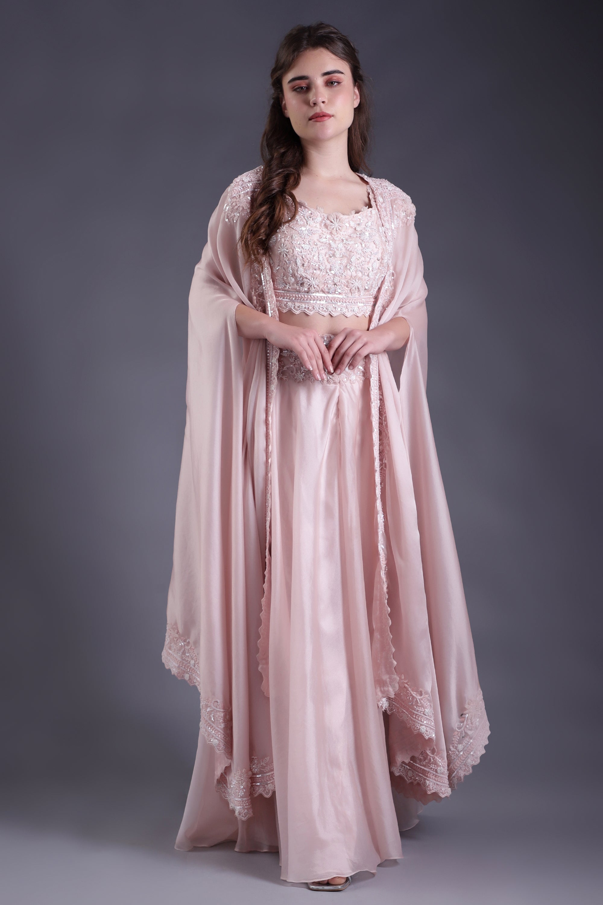 Powder Pink Hand Embroidered Co-ord Set with Cape