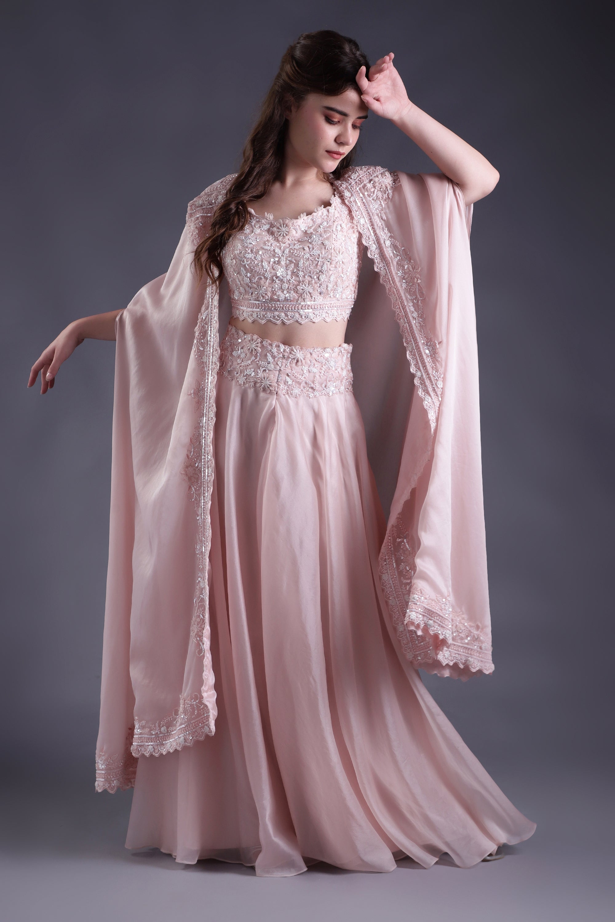 Powder Pink Hand Embroidered Co-ord Set with Cape