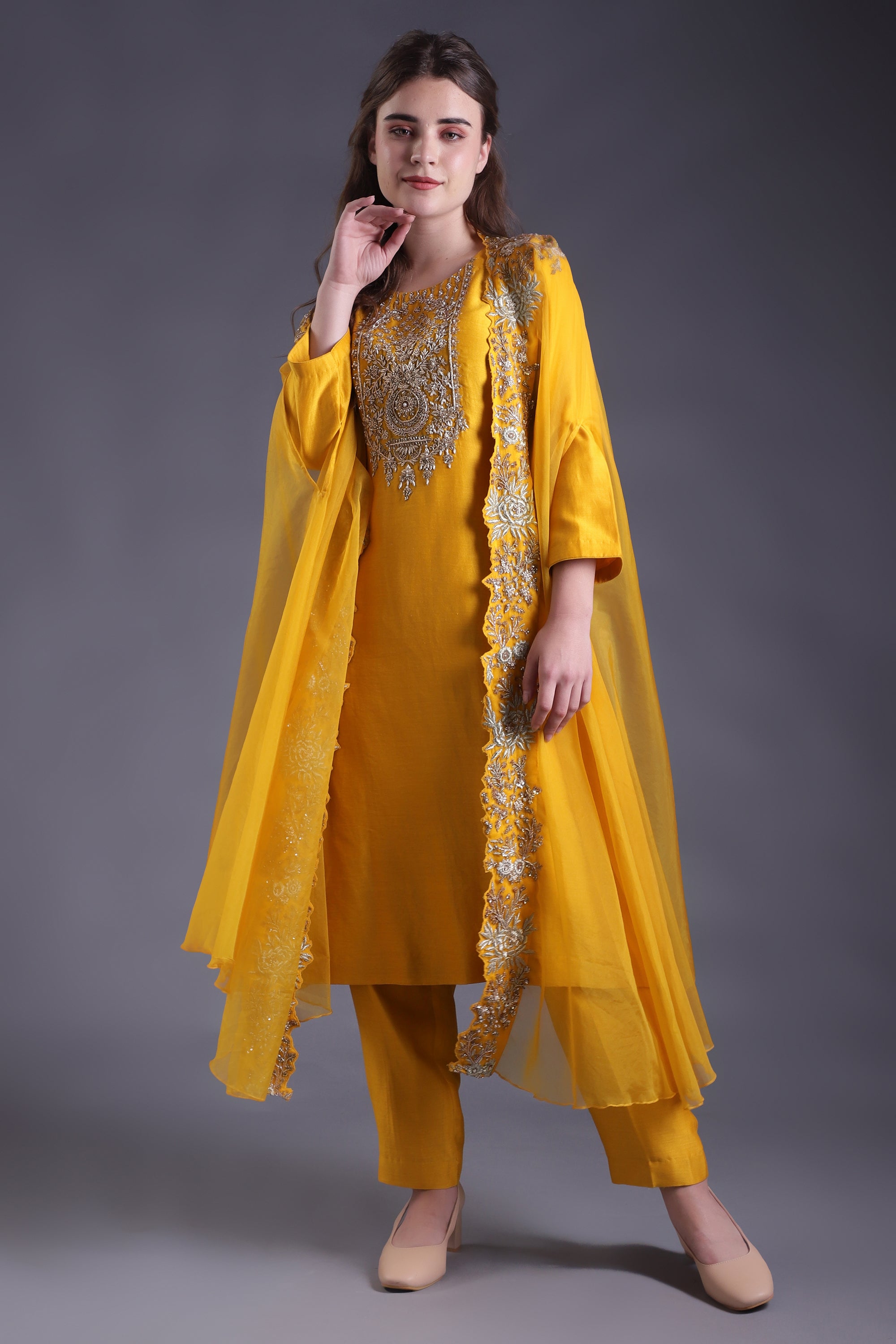 Mustard Yellow Embroidered Co-ord Set with cape