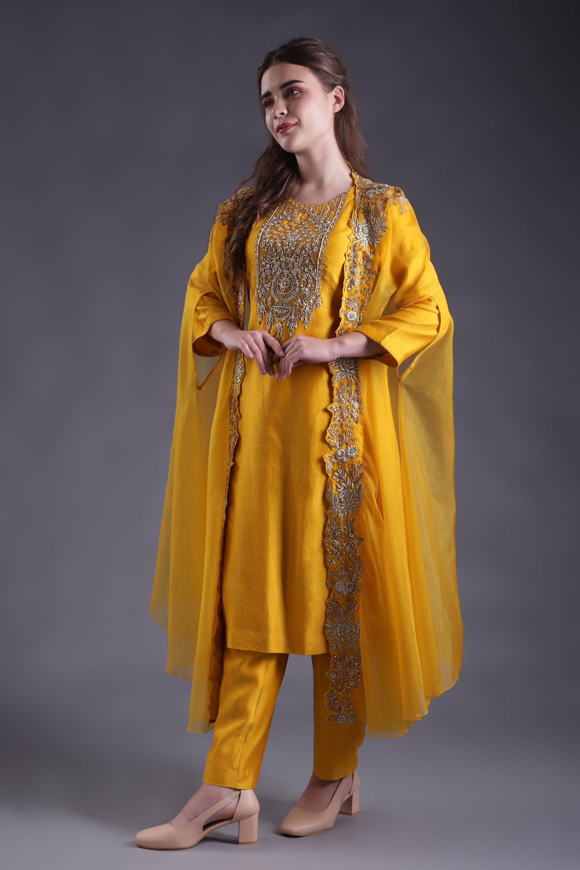 Mustard Yellow Embroidered Co-ord Set with cape