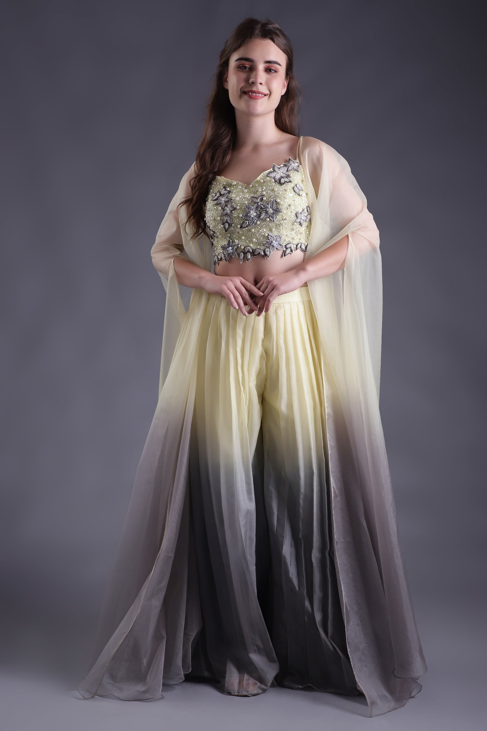 Yellow & Grey Ombre Co-ord Set with Cape