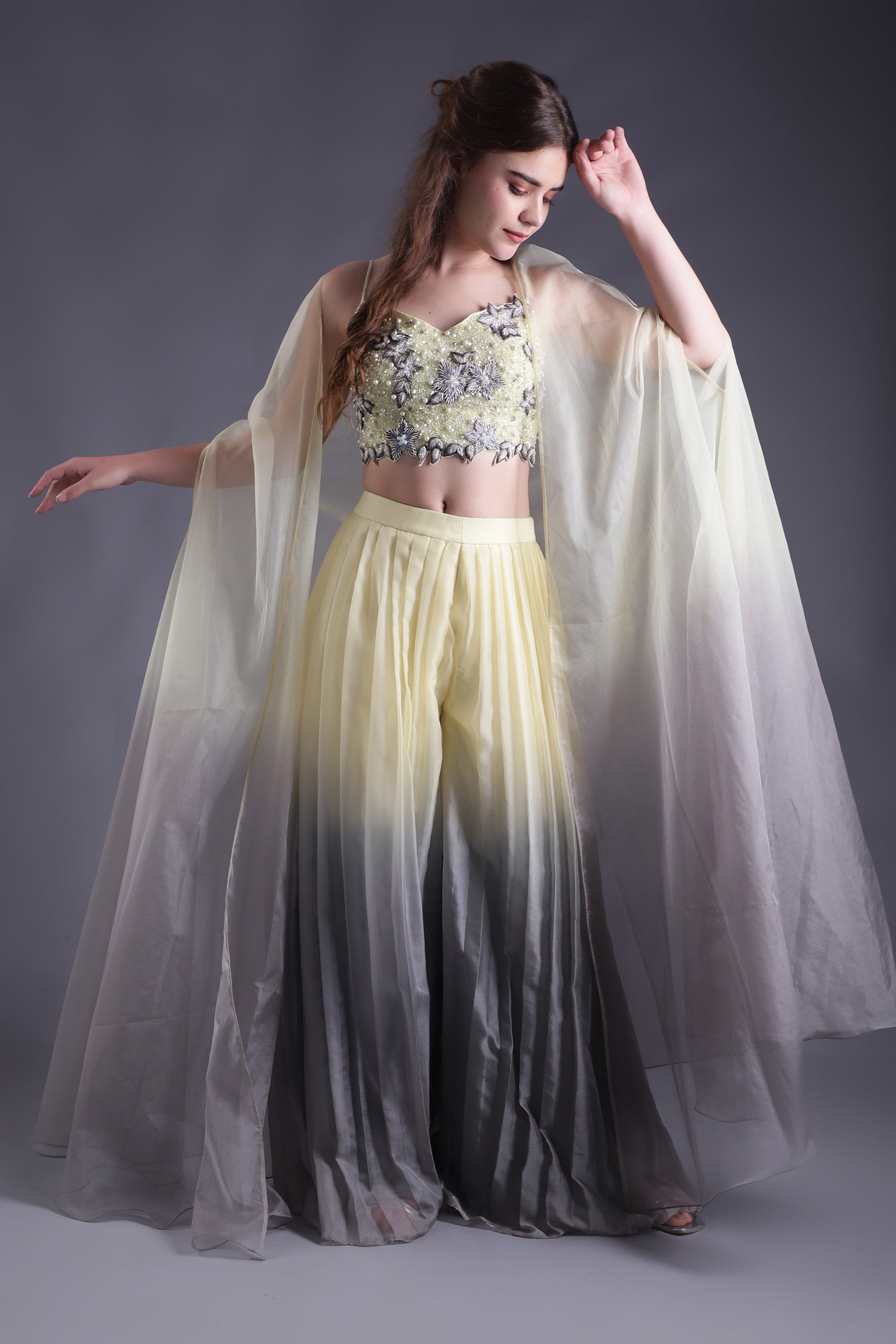 Yellow & Grey Ombre Co-ord Set with Cape