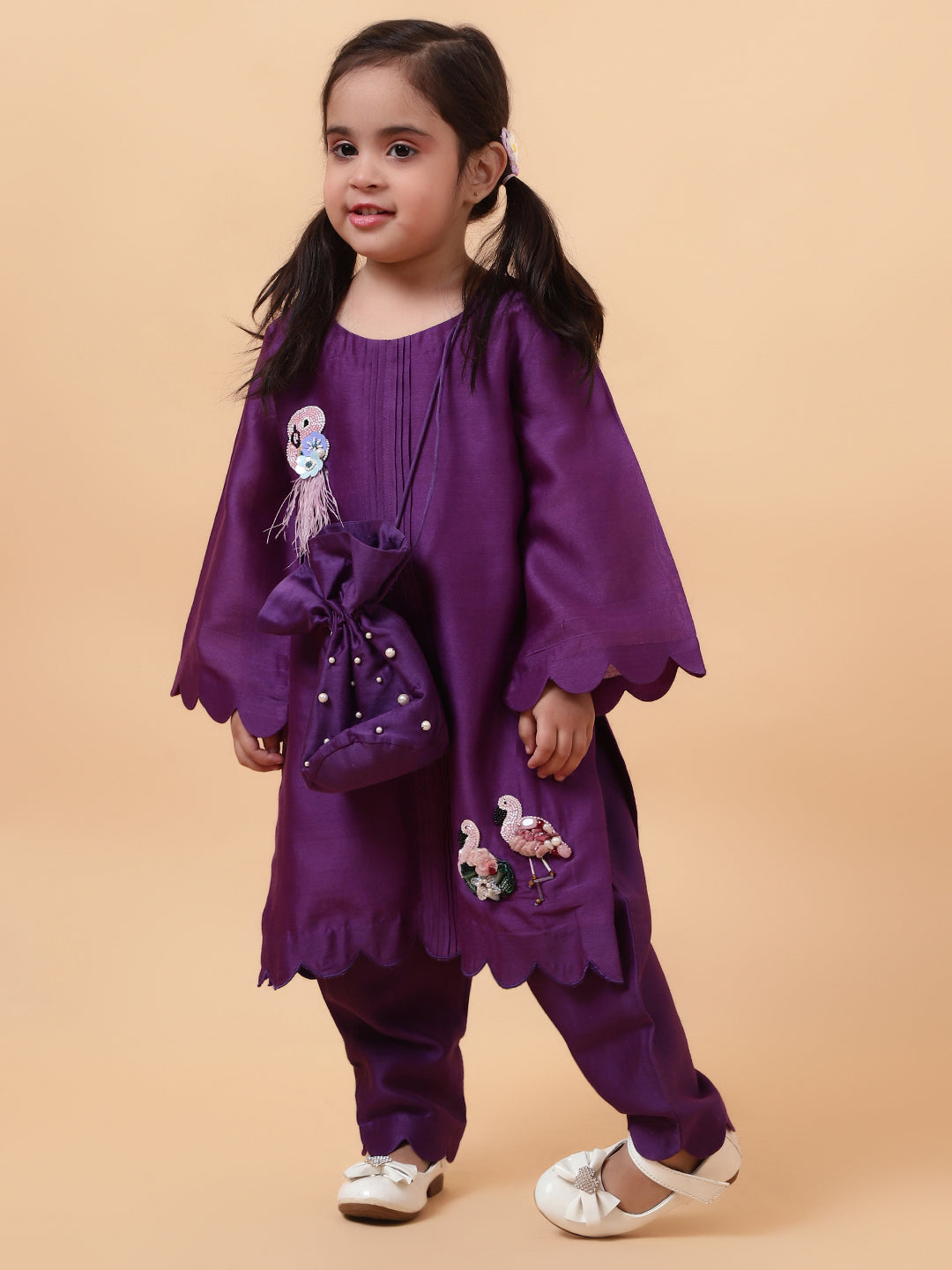 Purple Flamingo Hand Embroidered Motifs Kurta Set