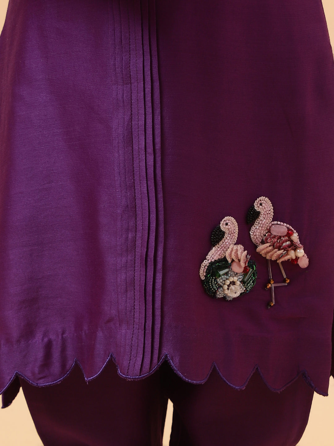 Purple Flamingo Hand Embroidered Motifs Kurta Set