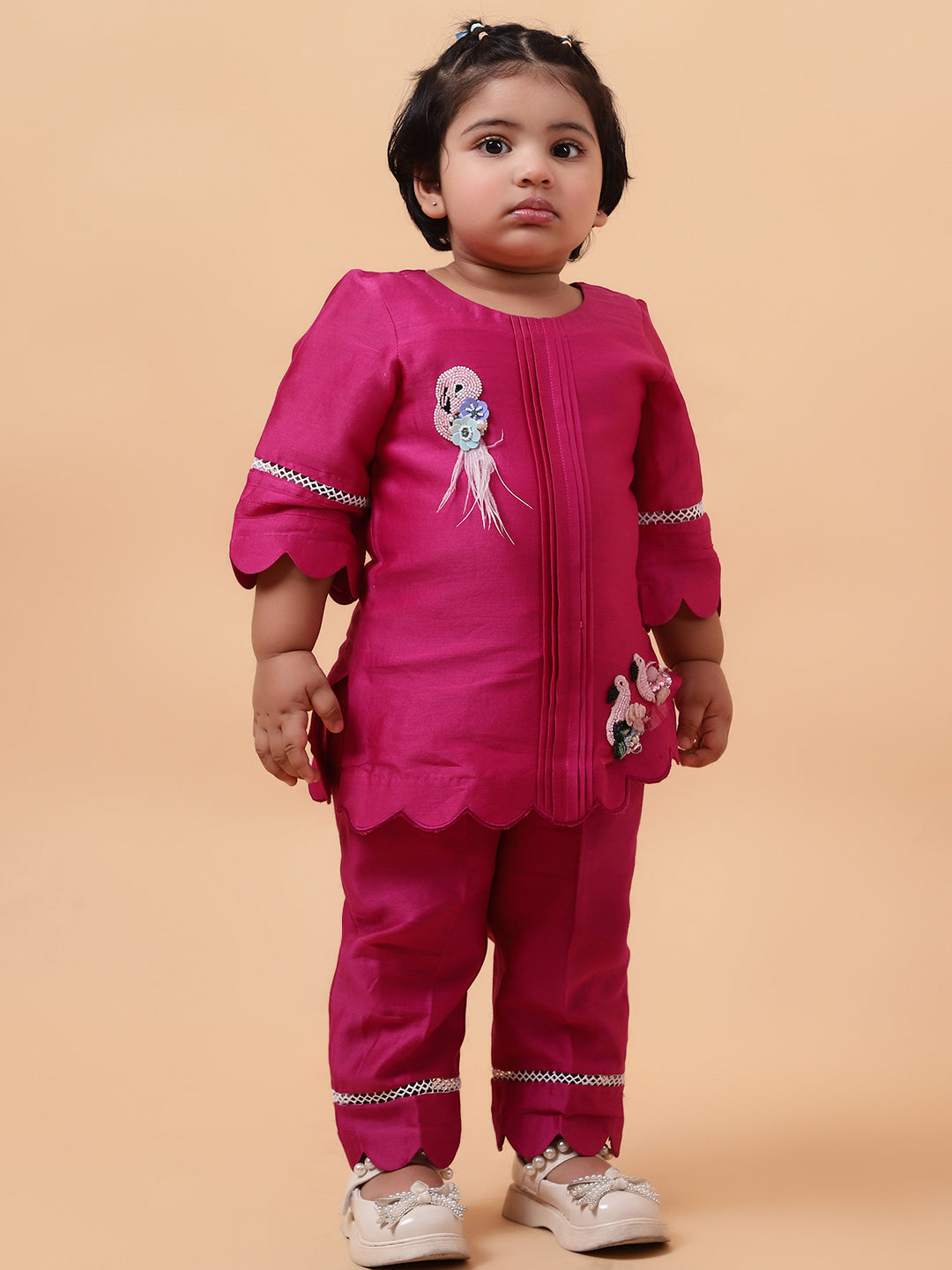 Pink Flamingo Hand Embroidered Motifs Kurta-Set