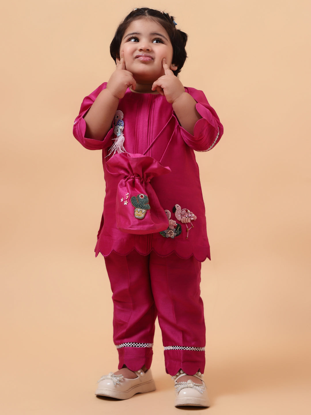 Pink Flamingo Hand Embroidered Motifs Kurta-Set