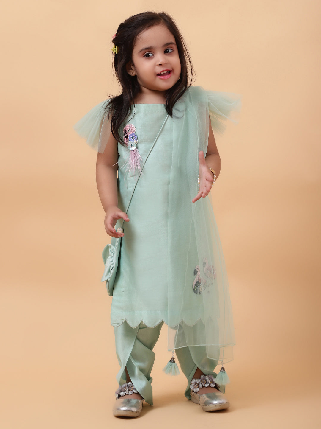Jade Green Flamingo Hand Embroidered motifs Kurta-Set