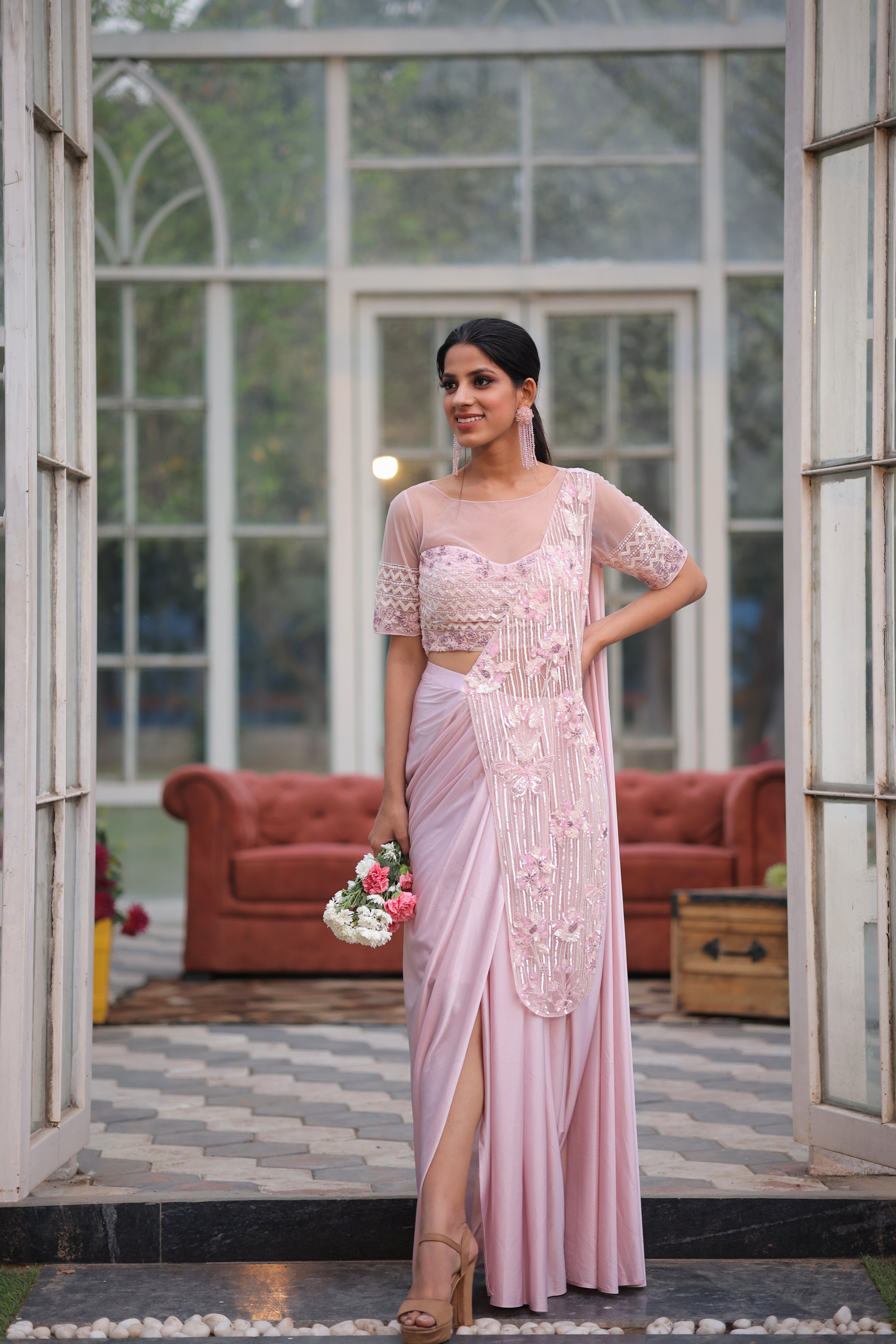 Peony Pink Ready to wear Pre-Draped Cocktail Saree