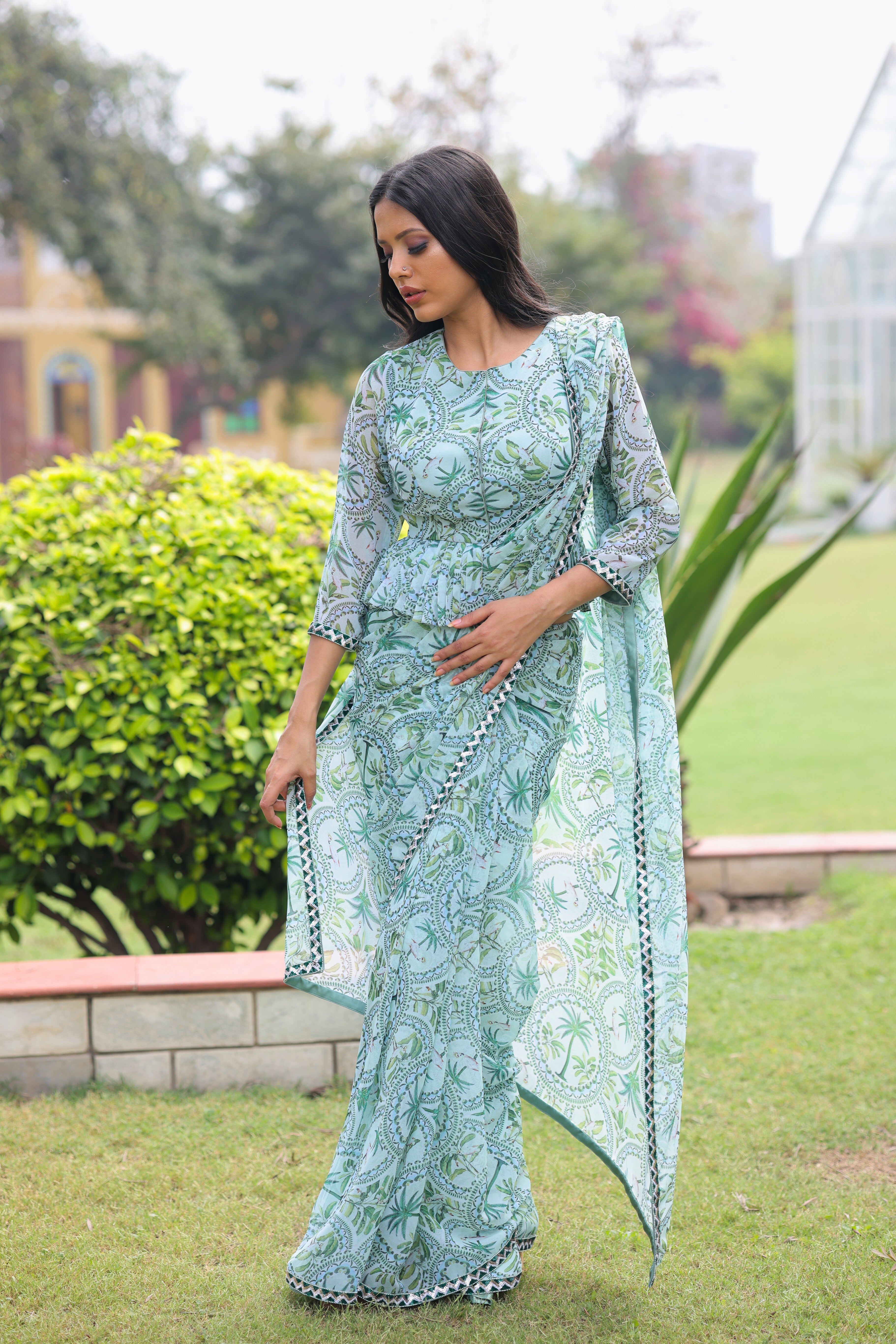 Jade Green Georgette Saree with Peplum Blouse
