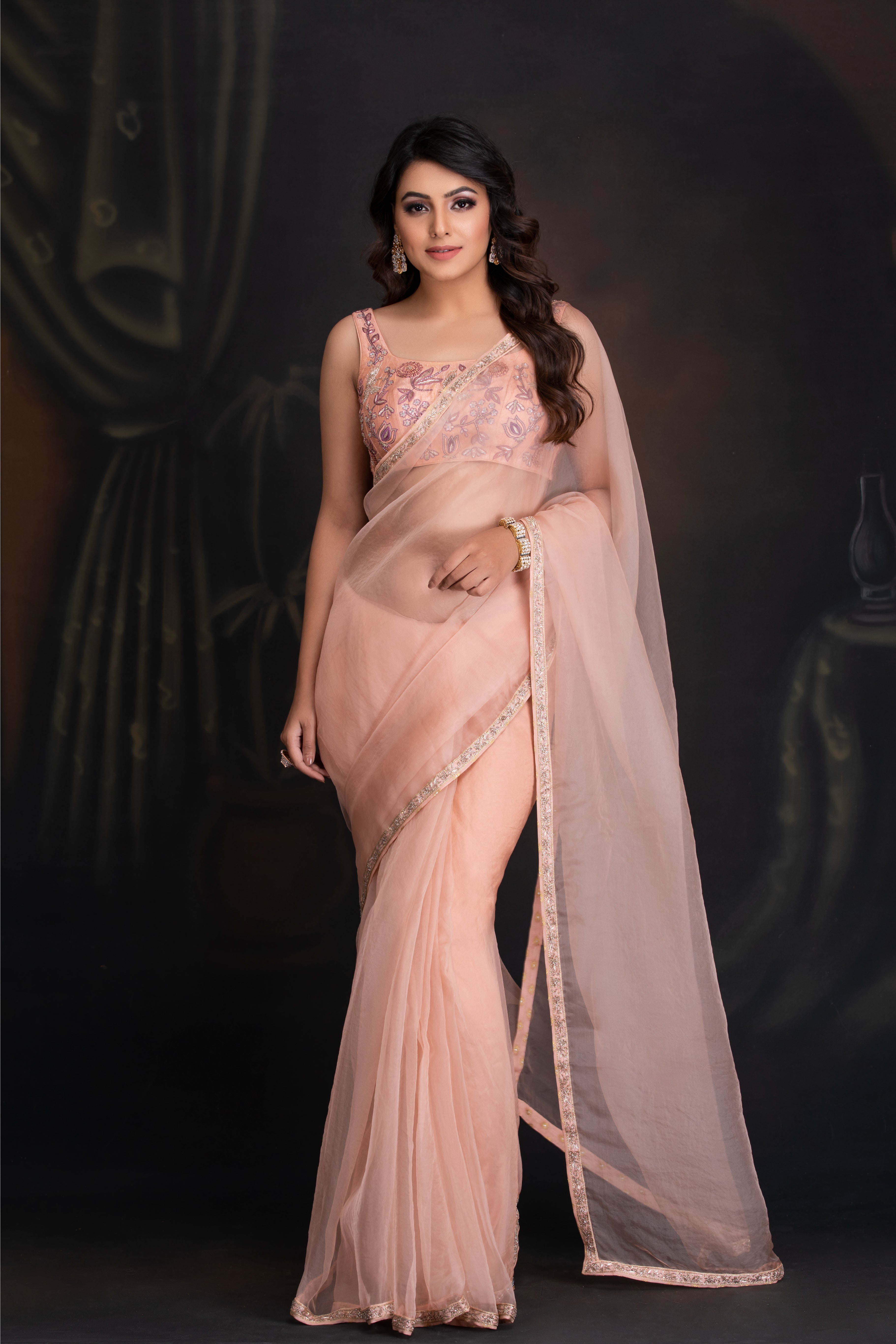 Peach Bloom Embroidered Saree Set