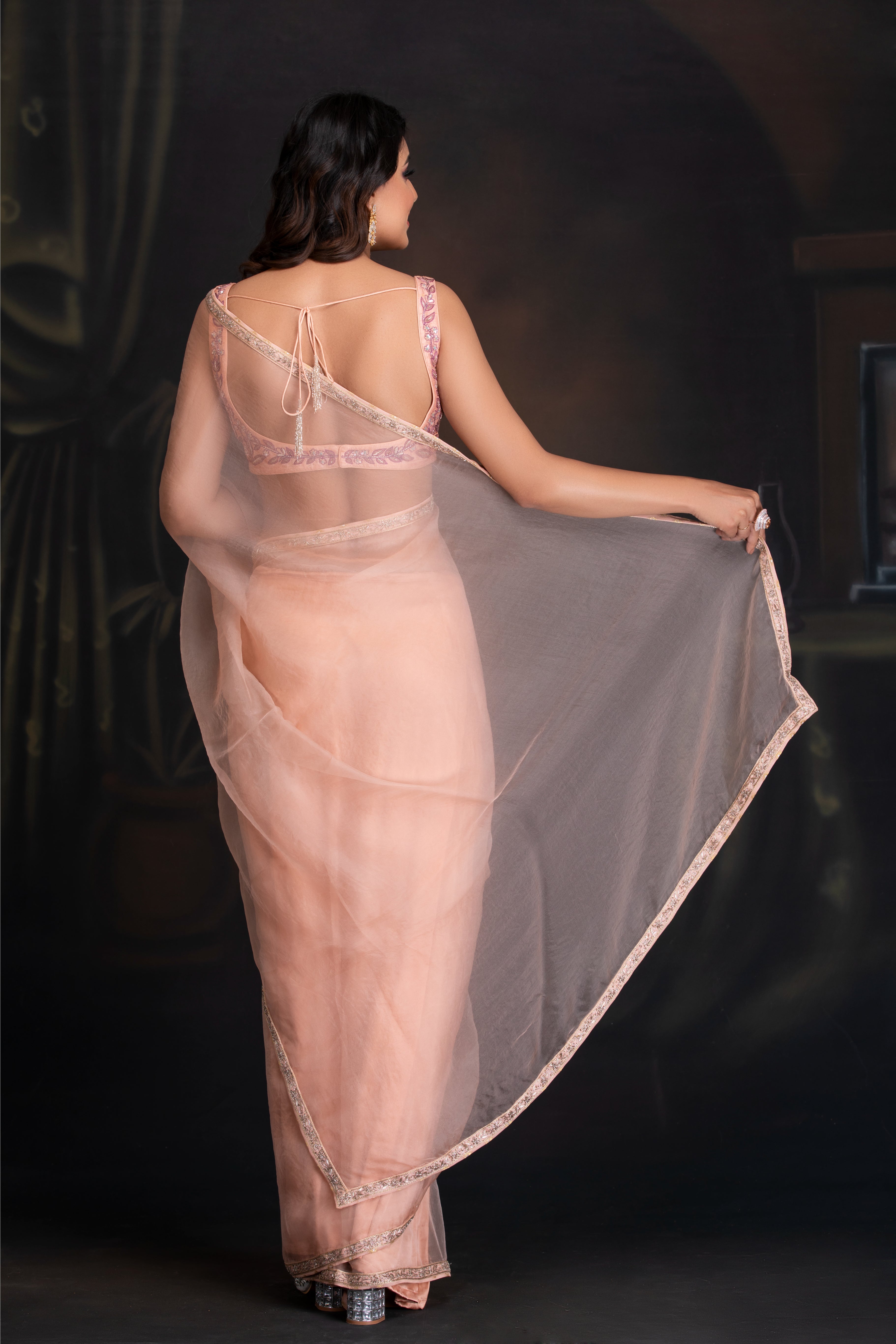 Peach Bloom Embroidered Saree Set