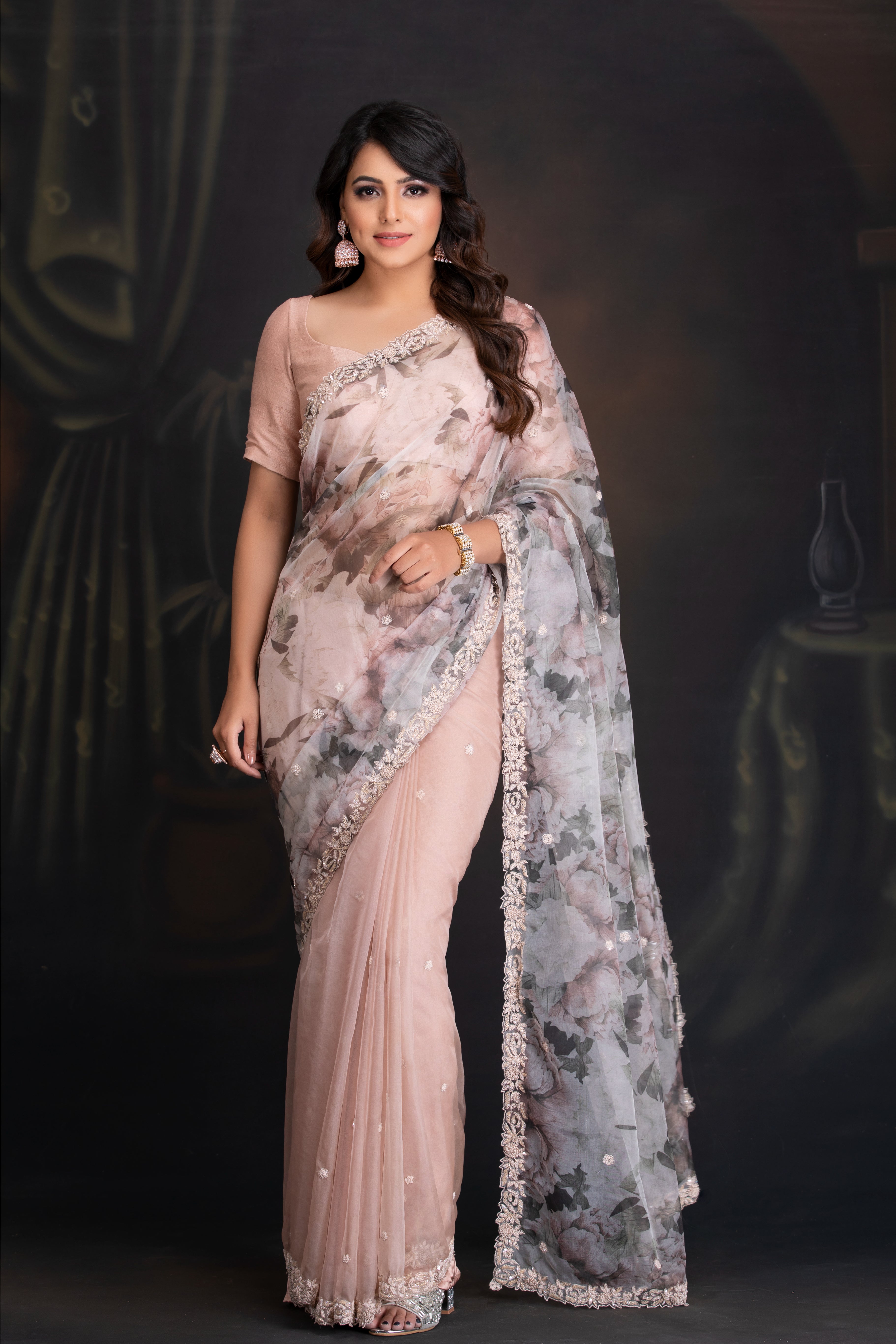 Lotus Pink Printed Saree Set