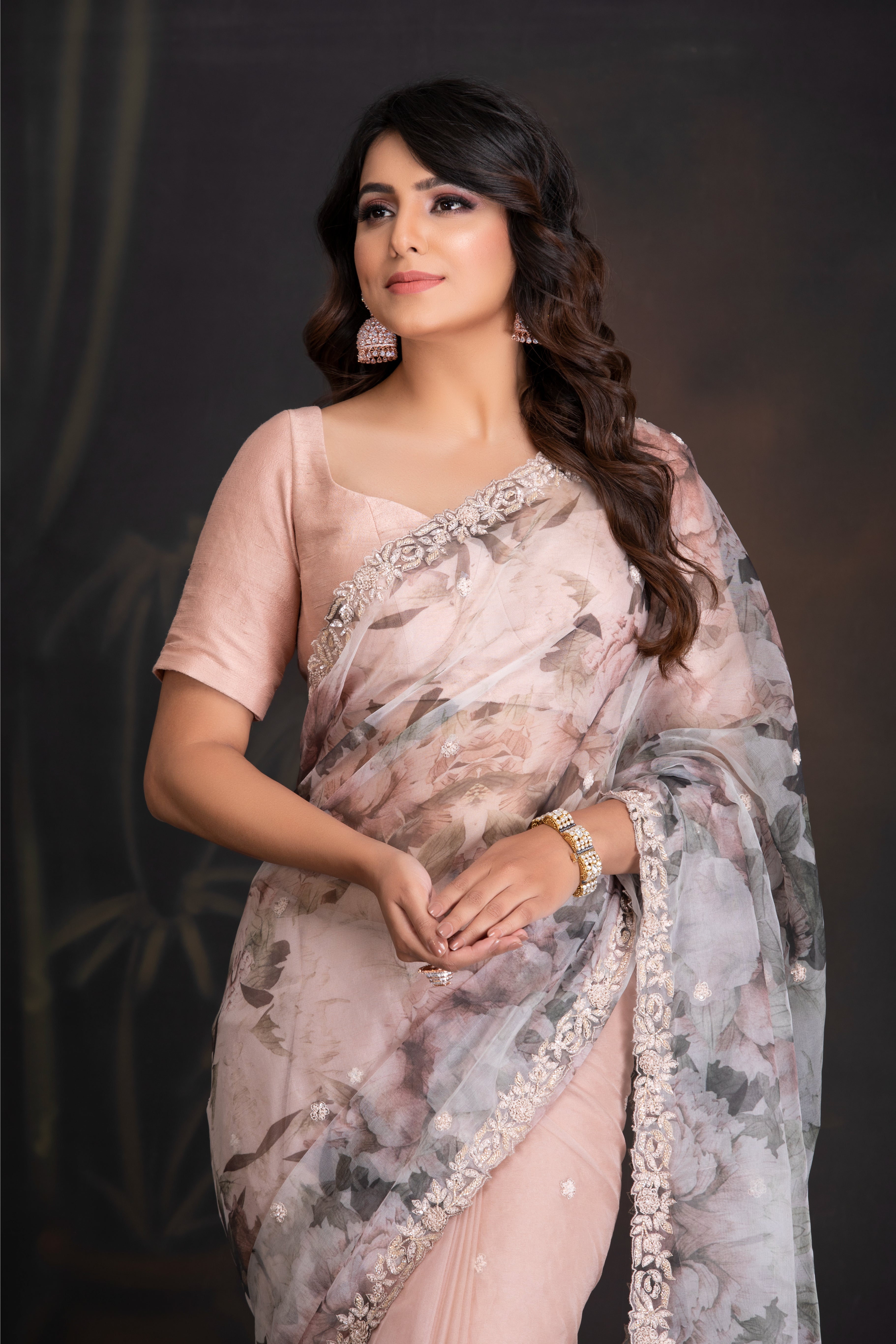 Lotus Pink Printed Saree Set