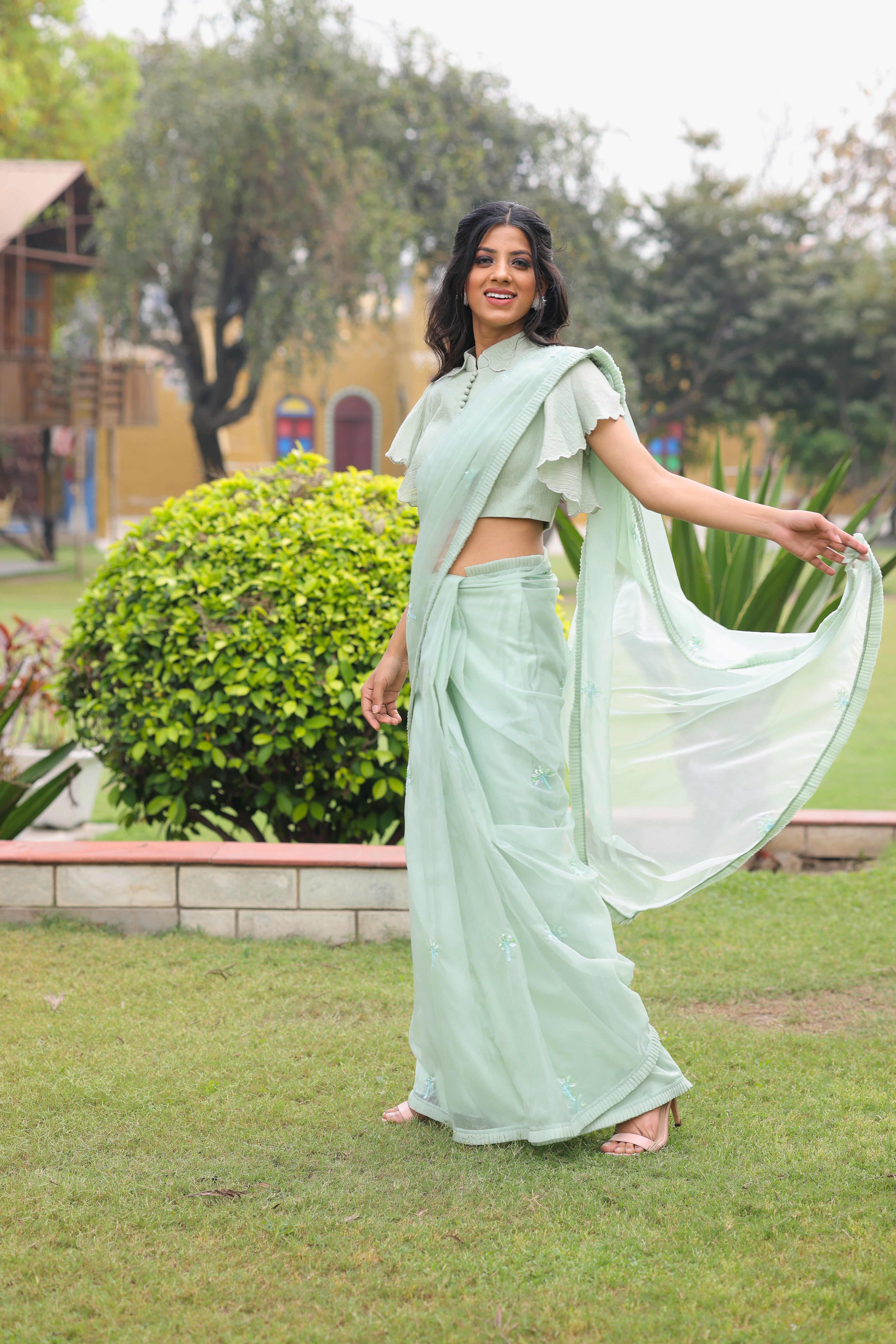 Jade Green Pre Draped Organza Saree