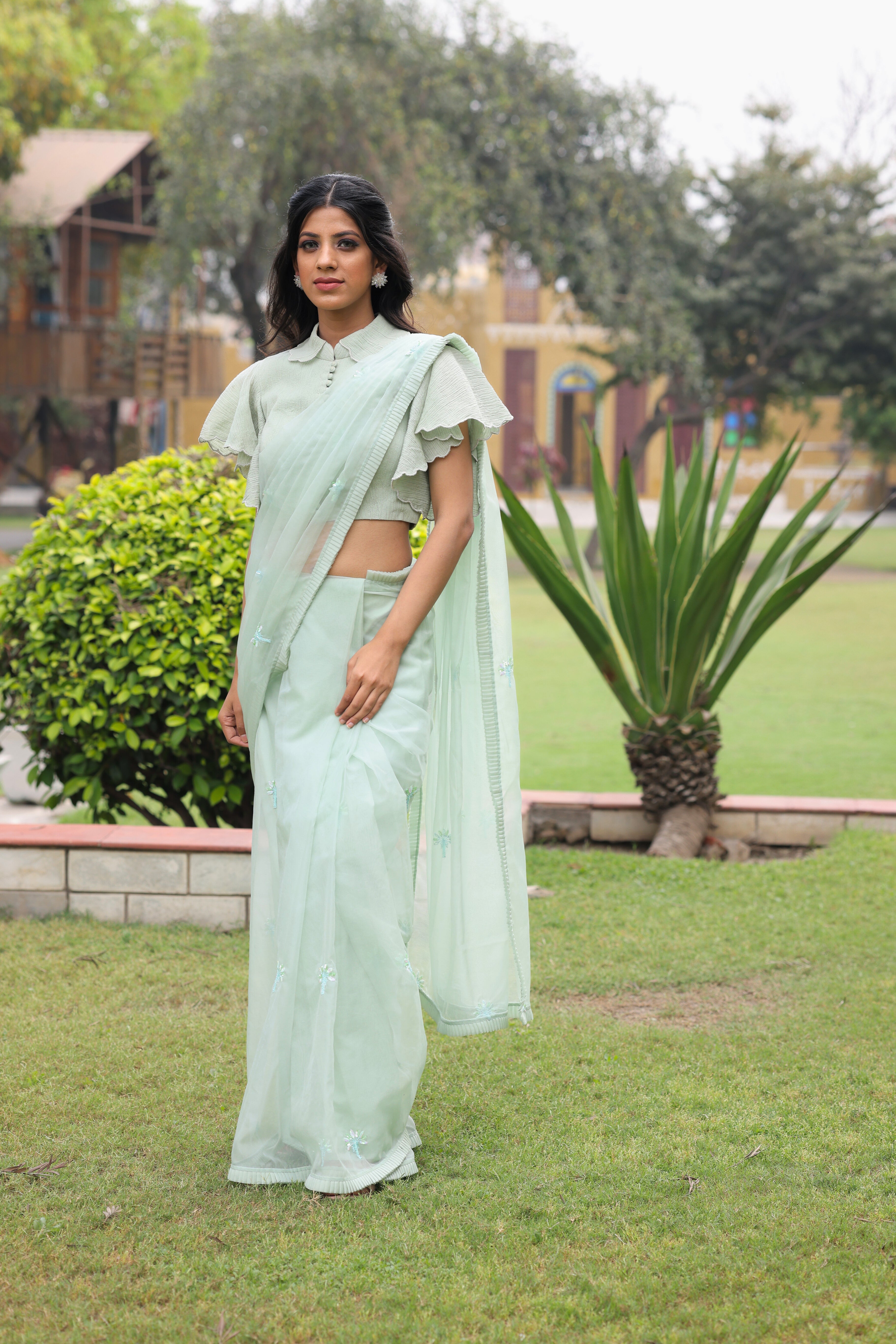 Jade Green Pre Draped Organza Saree