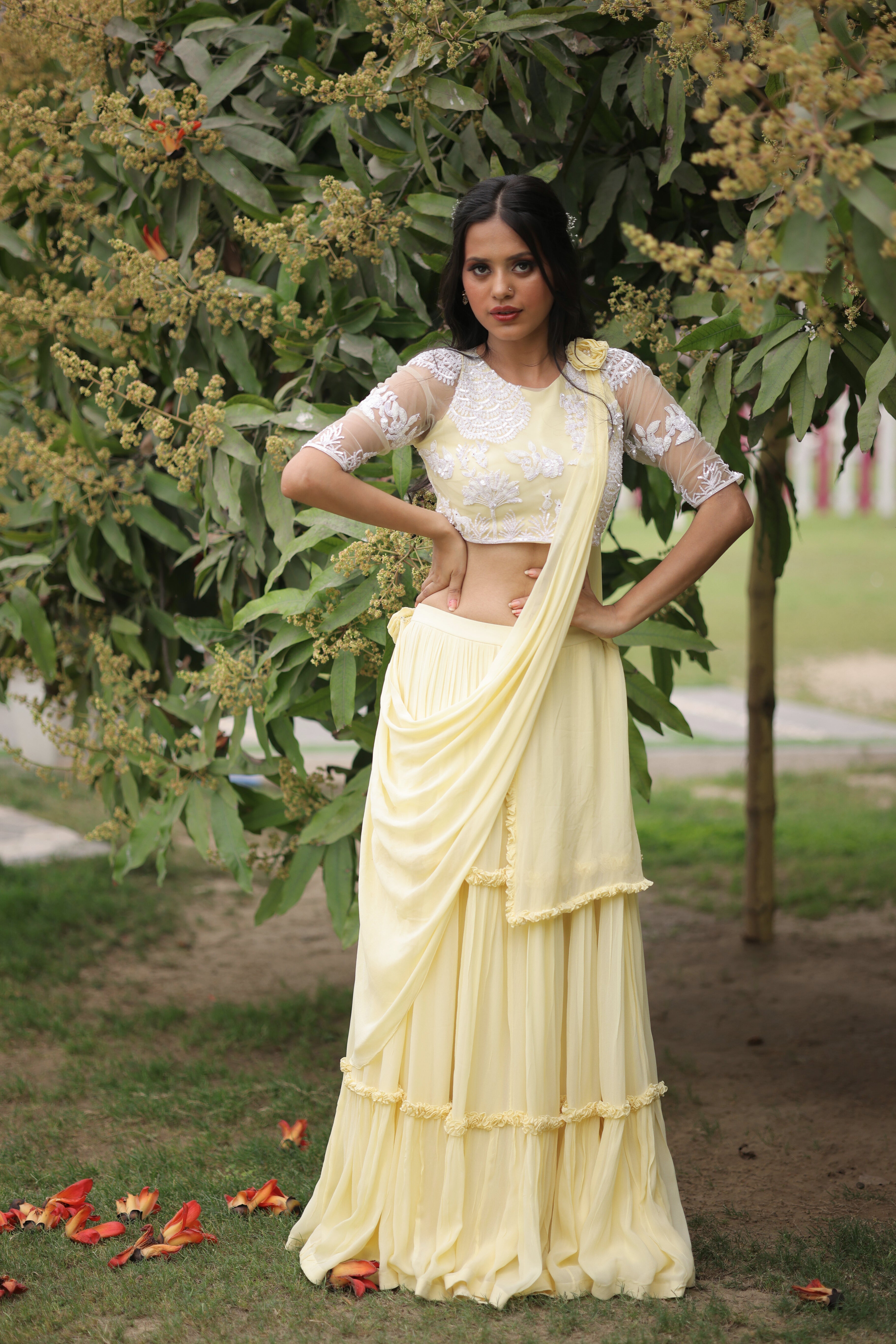 Lemon Sorbet Tiered Georgette Lehenga set