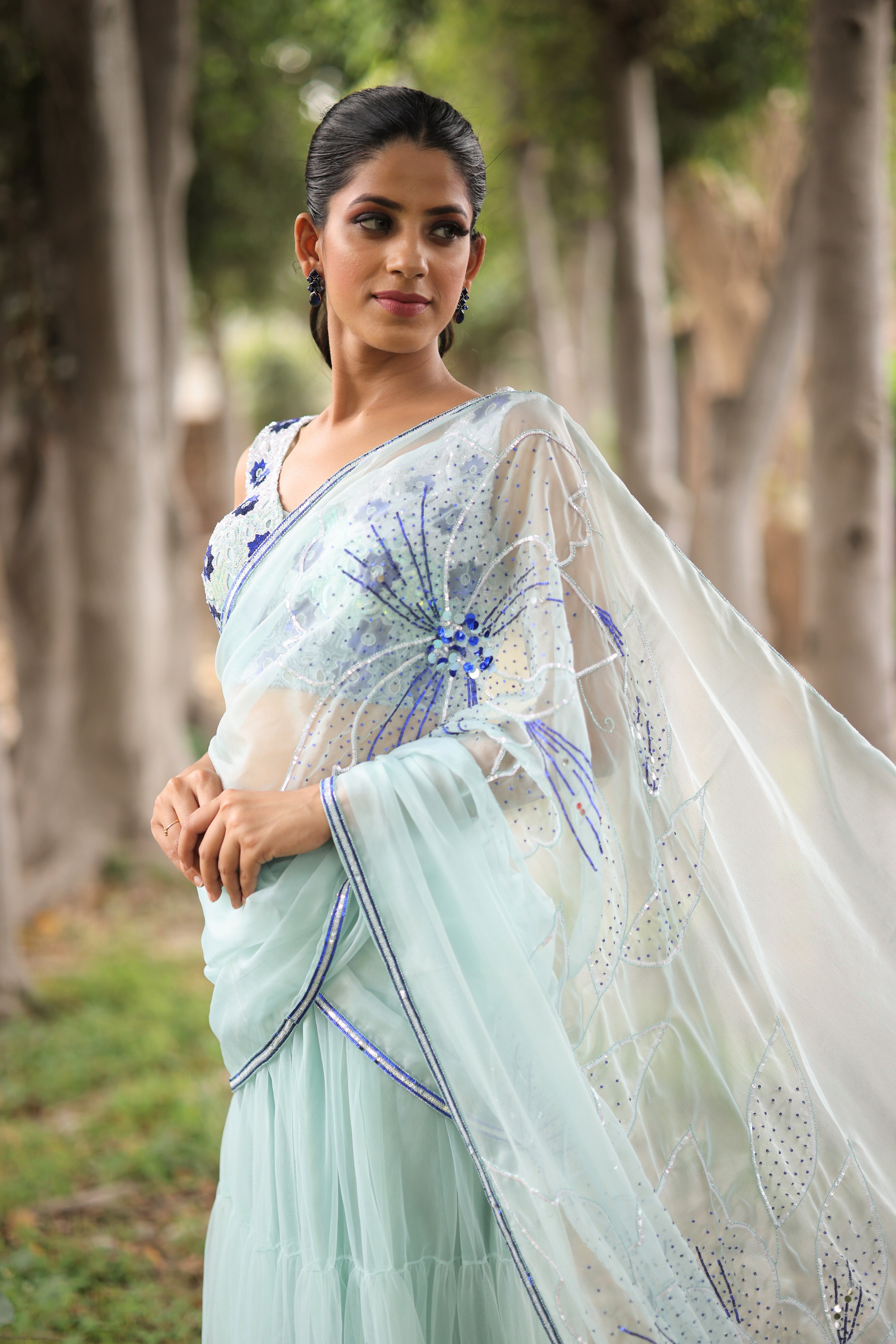 Ice Blue Pre - Draped Saree