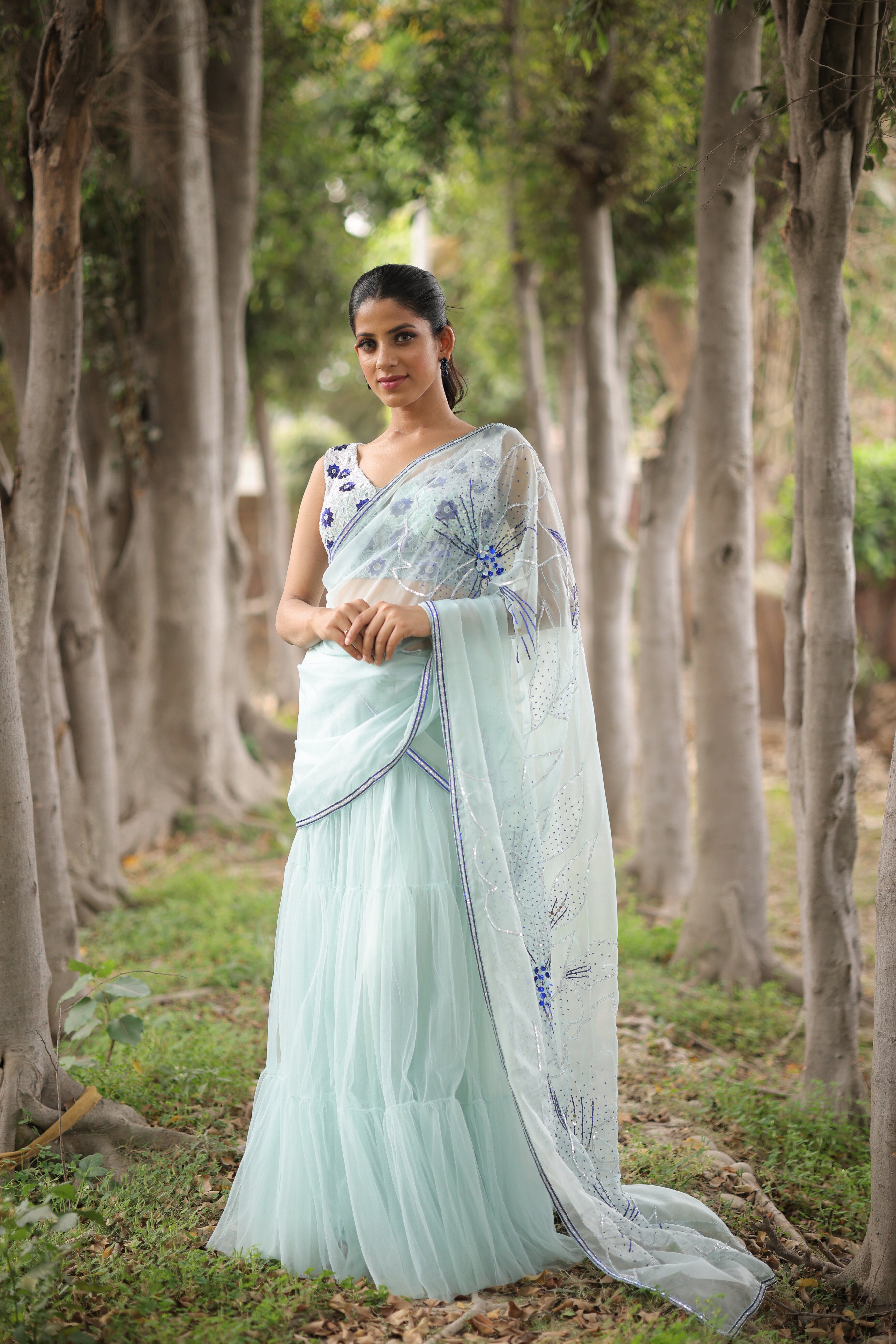 Ice Blue Pre - Draped Saree
