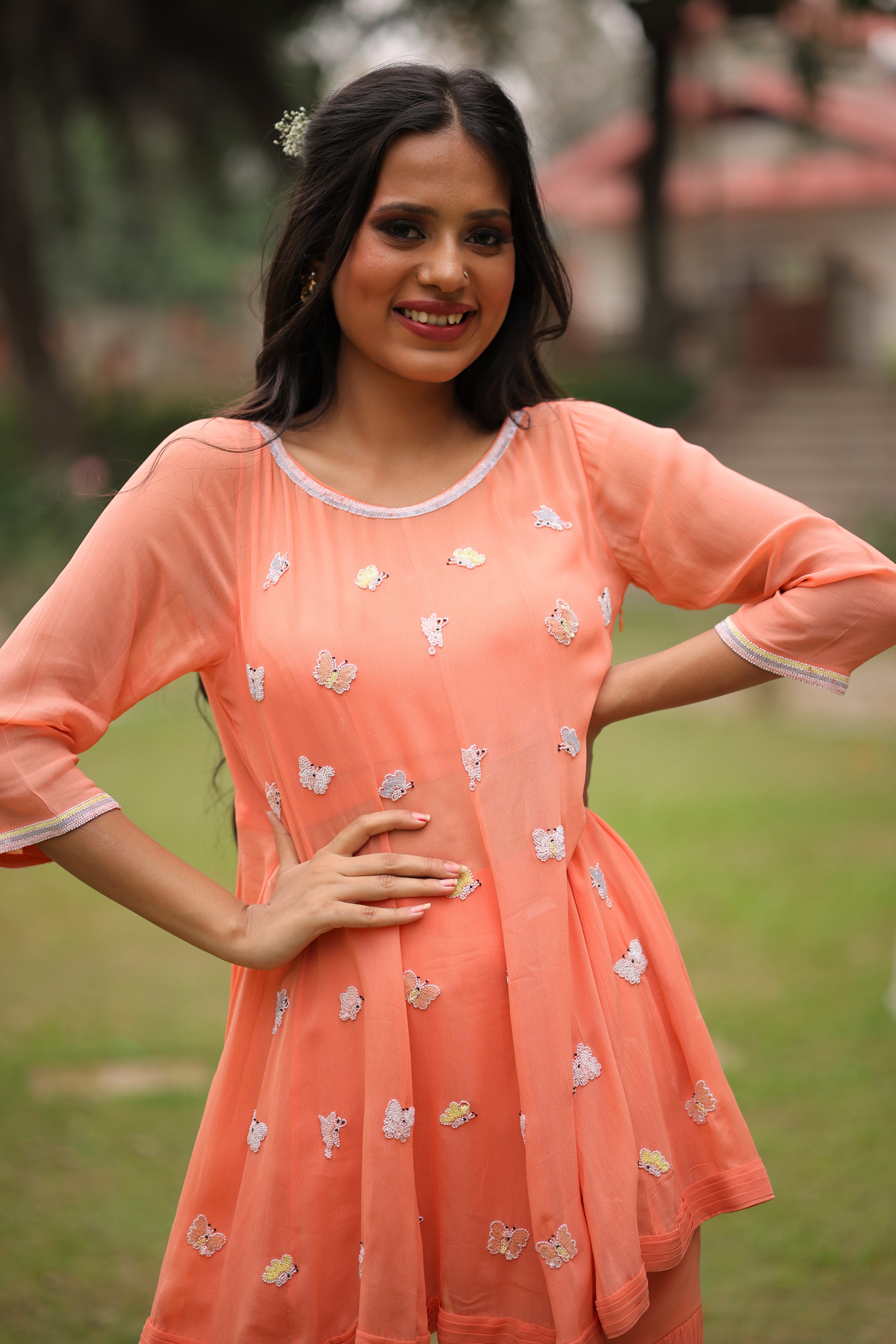 Peach Nectar Butterfly Embroidered Co-ord set