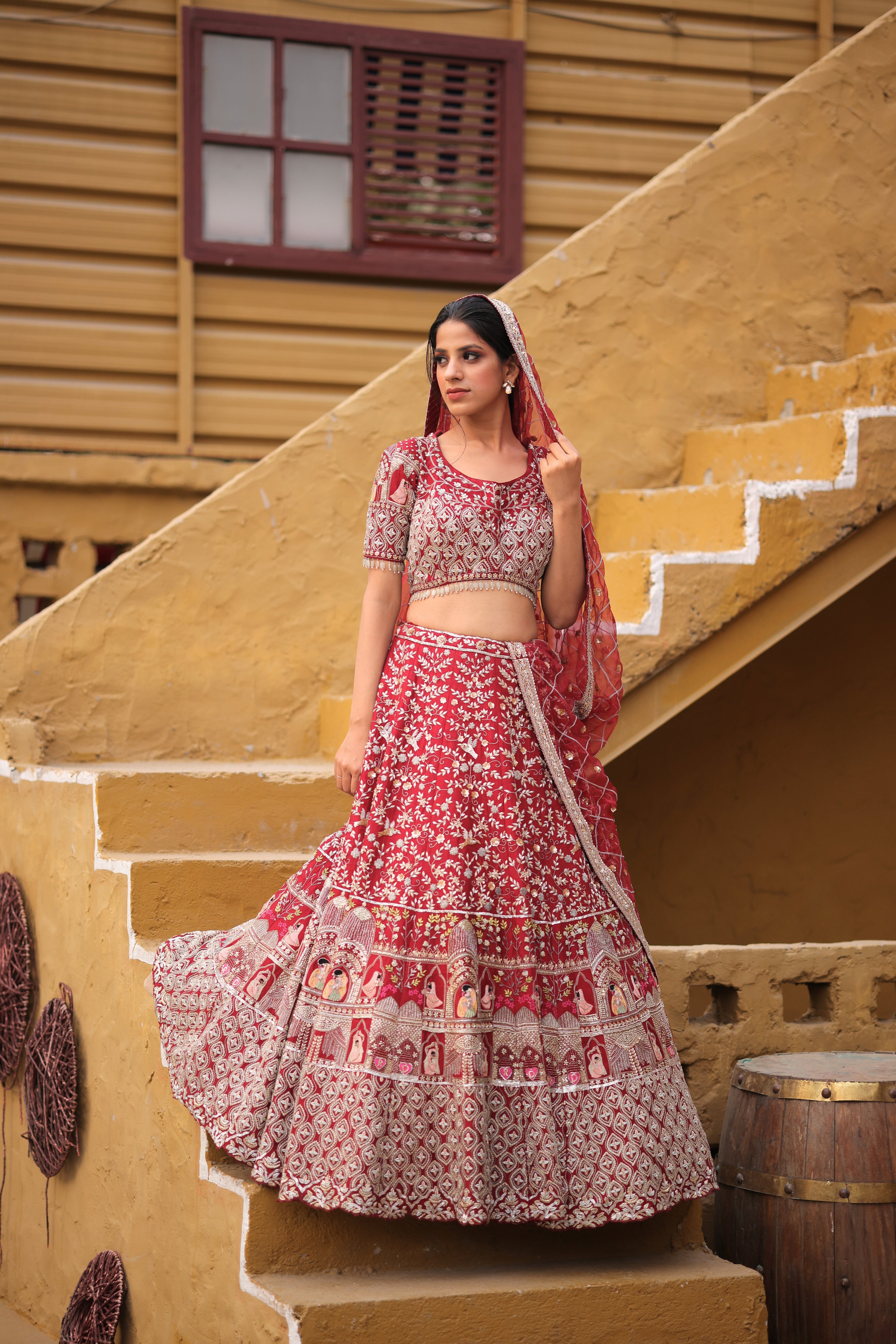 Red Embroidered Bridal Kalidar Lehenga set