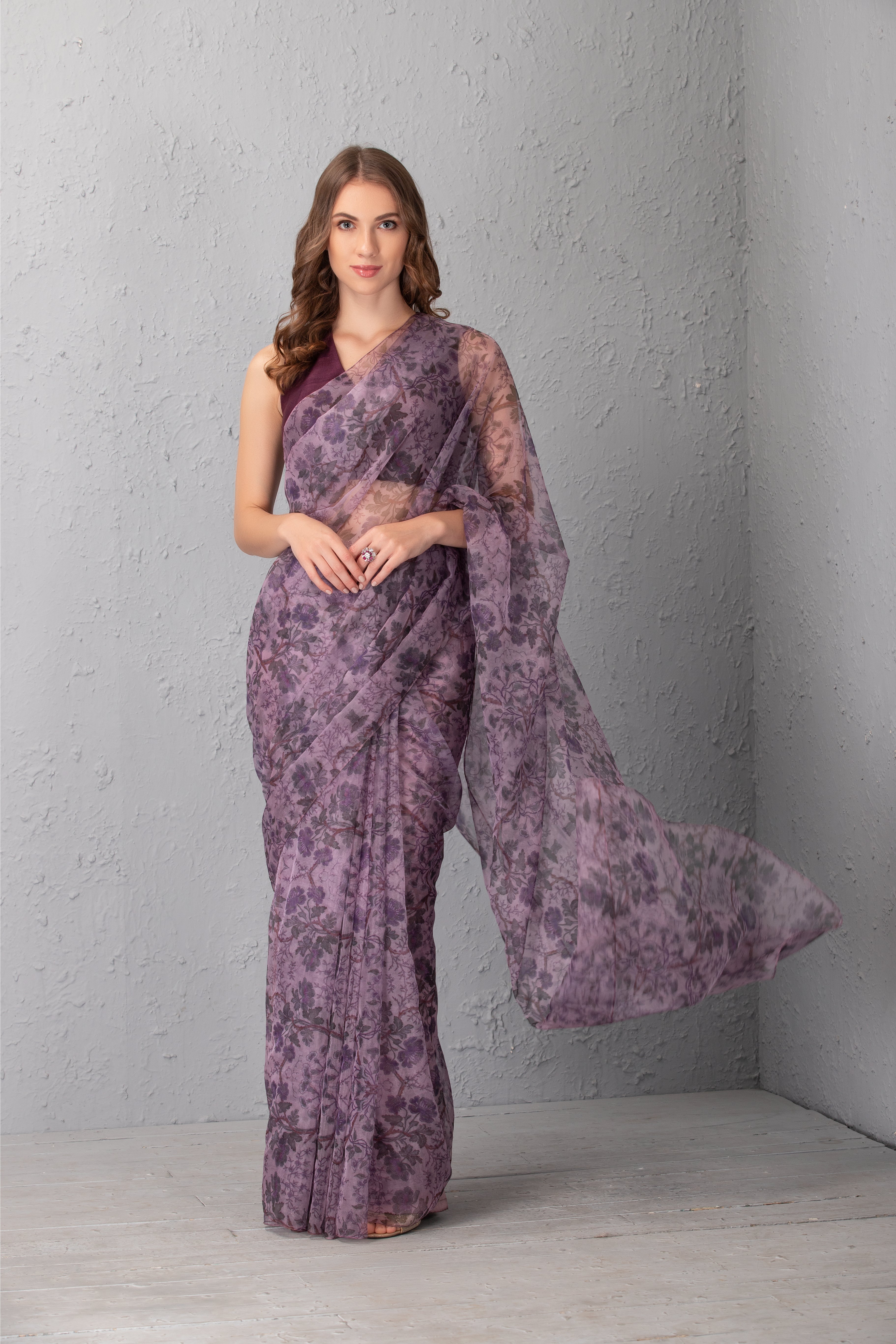 Mauve Chalk Printed Saree set