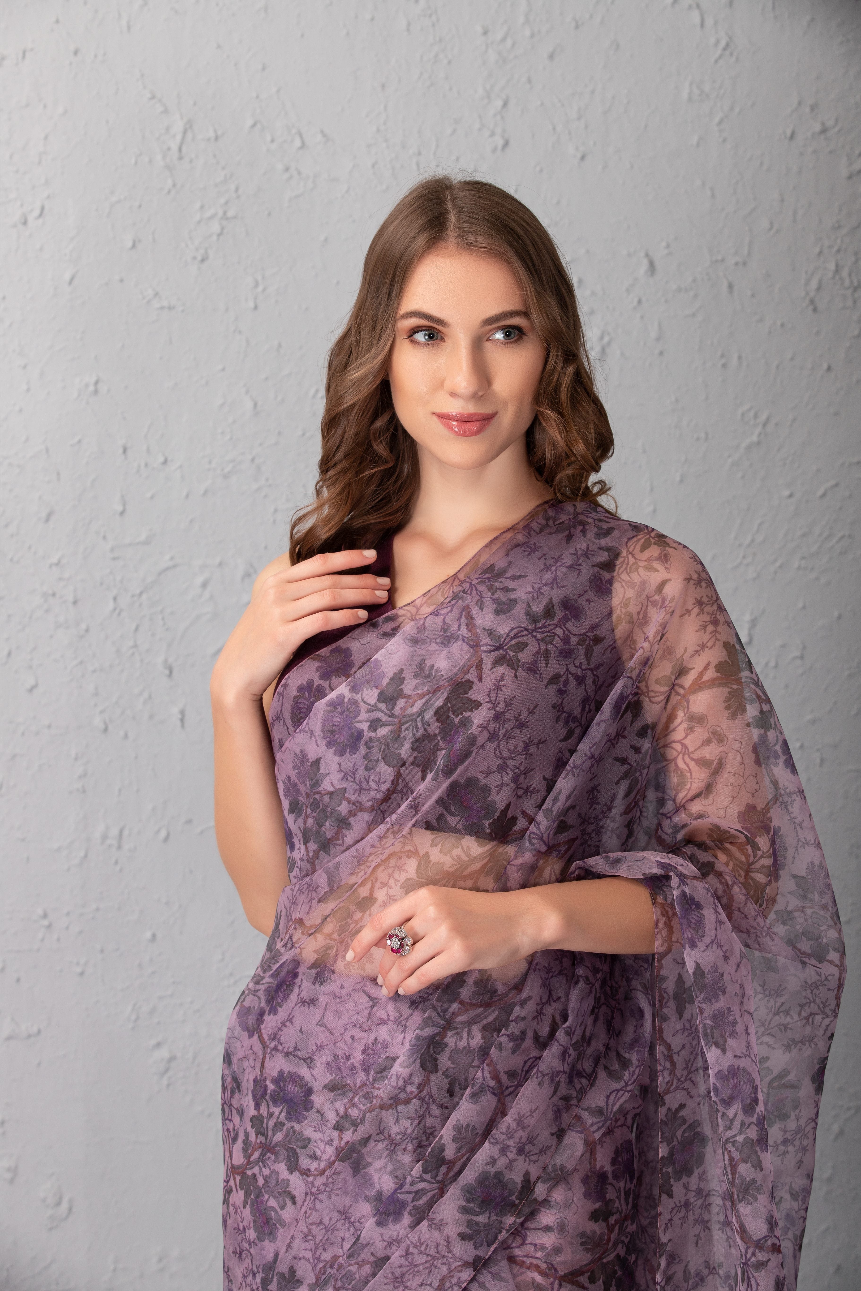 Mauve Chalk Printed Saree set