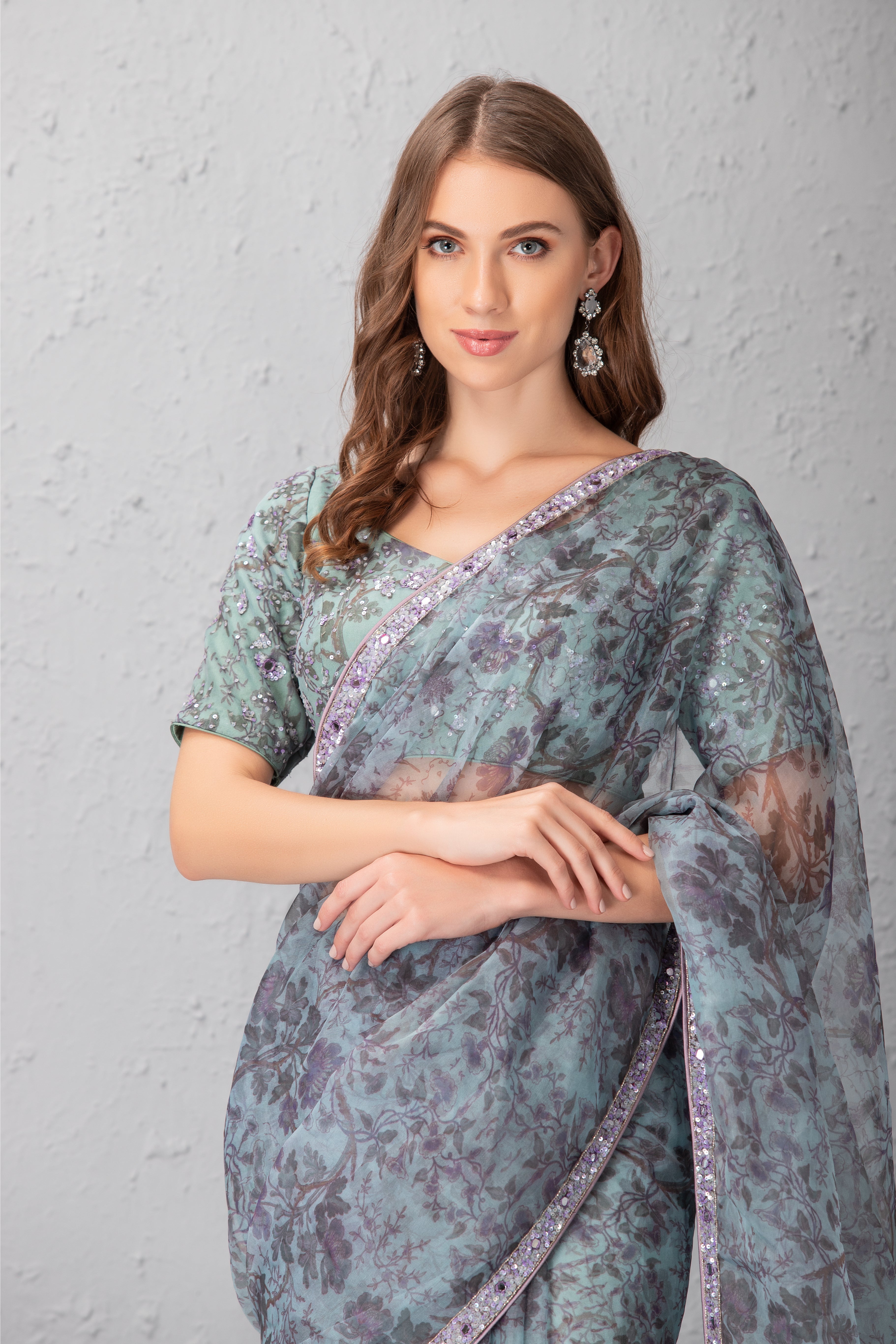 Mineral Blue Printed Floral Saree