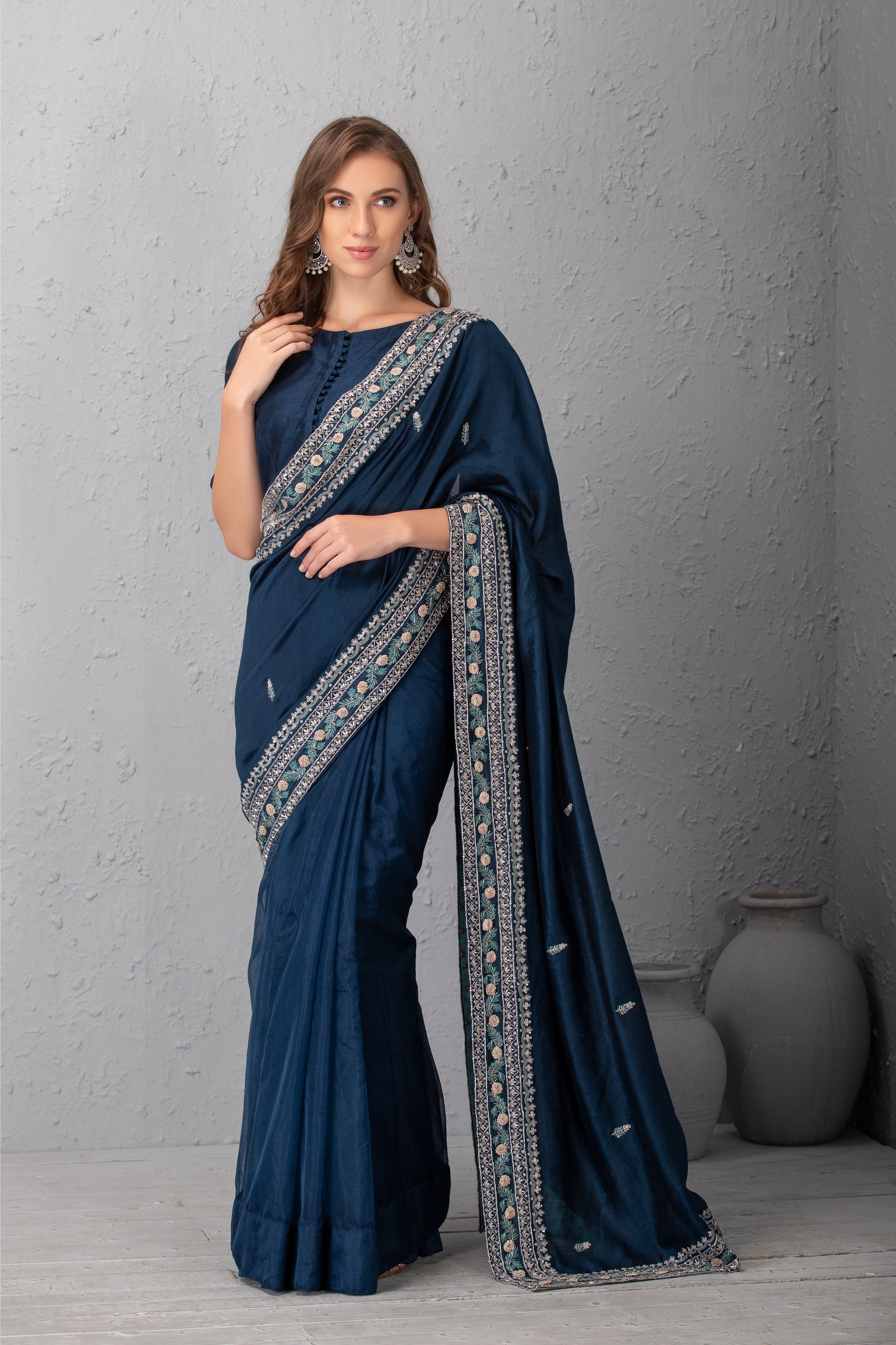 Midnight Blue hand embroidered saree set