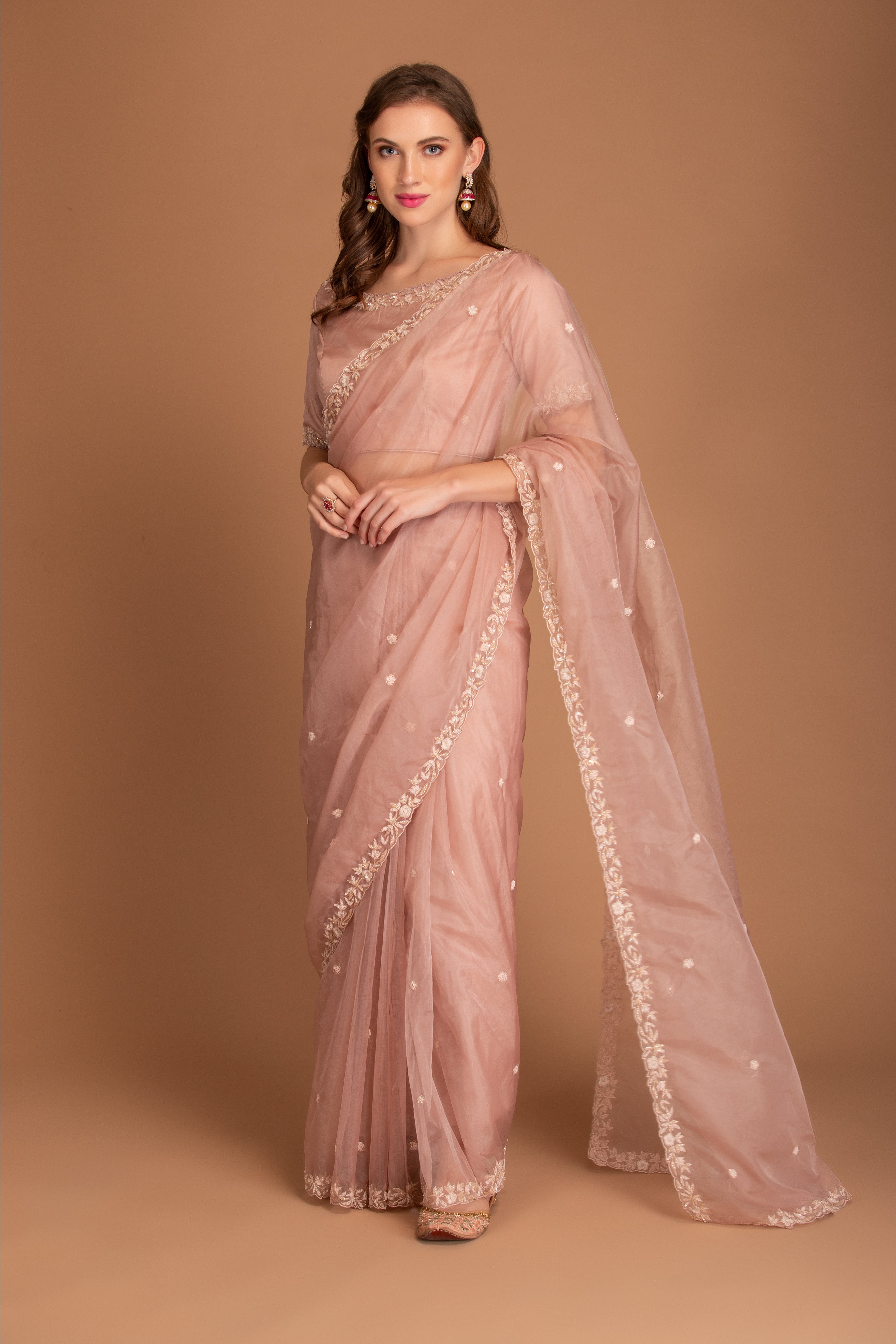 Rose Pink Embroidered Organza Saree
