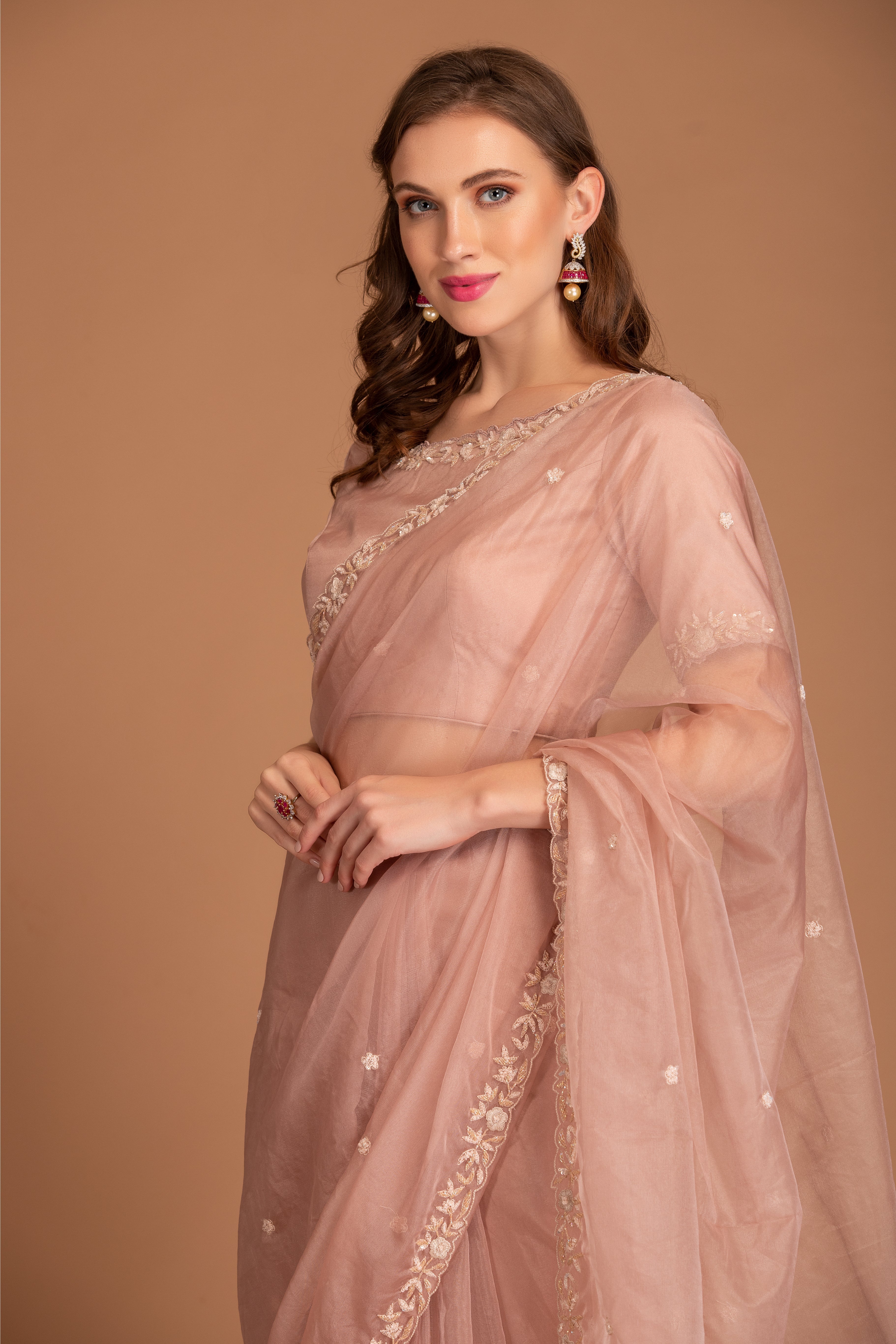 Rose Pink Embroidered Organza Saree